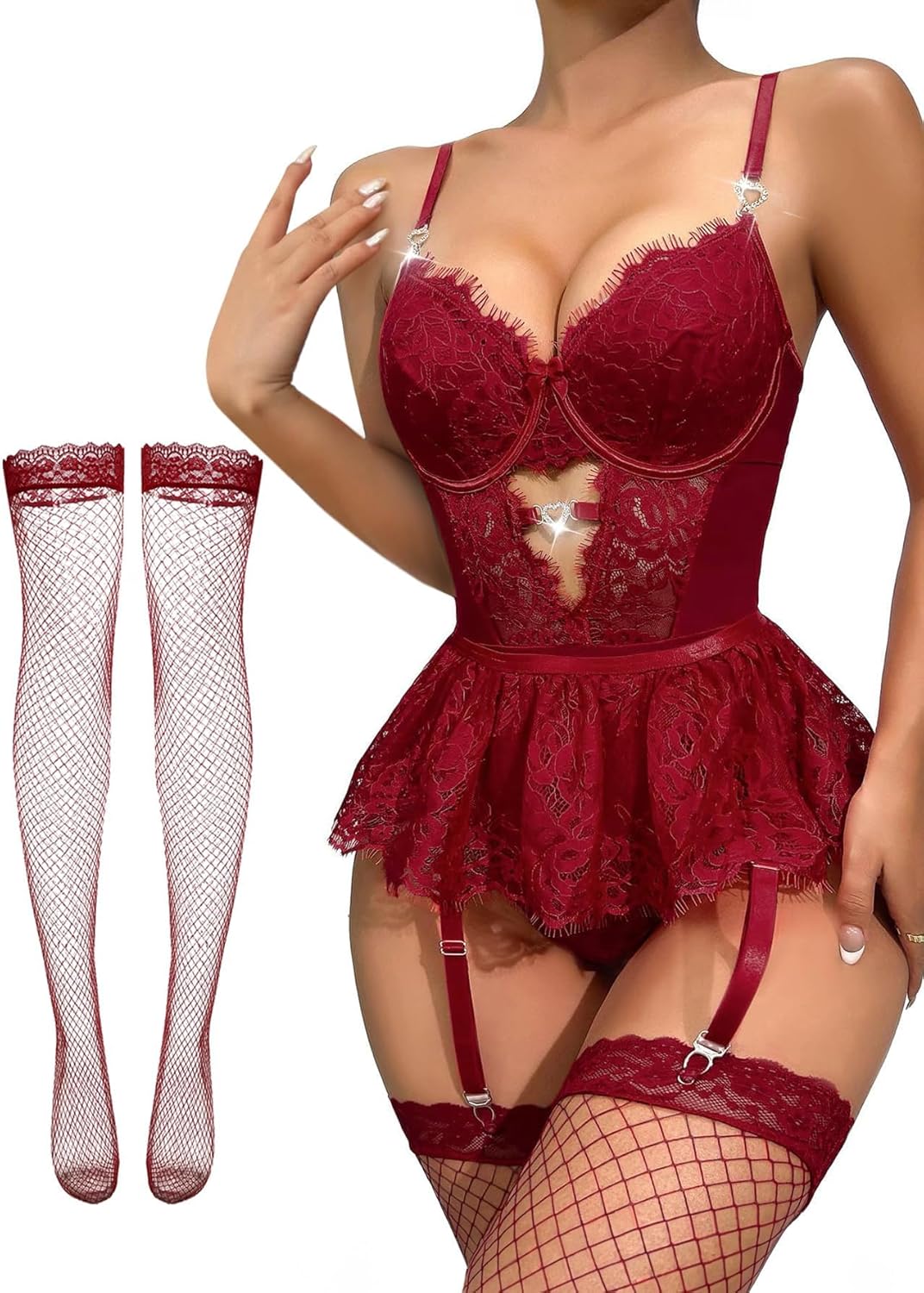 Women Lingerie Set Naughty Lace Bodysuit High Waisted Underwire Lingerie Babydoll With Garter Belt and Stockings