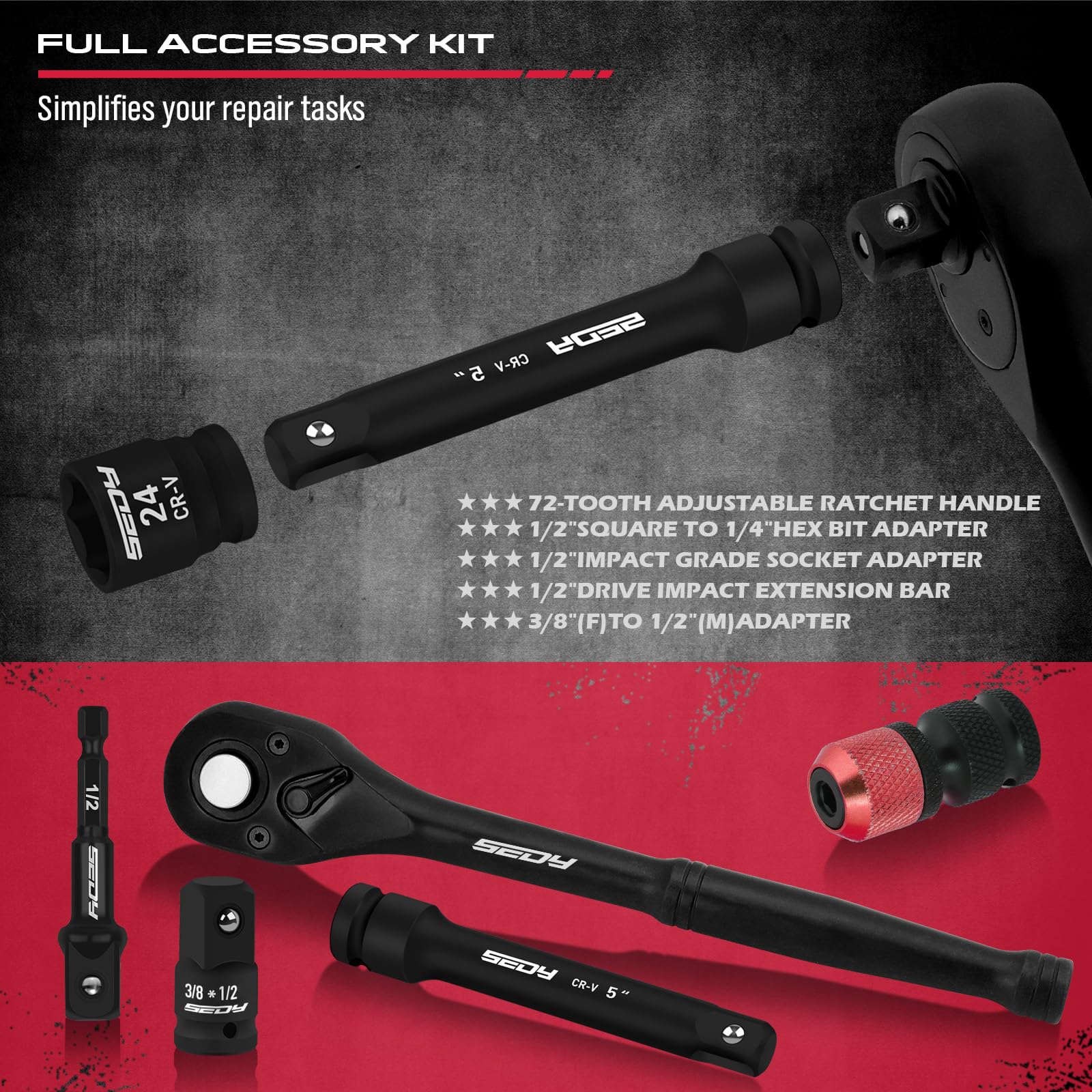 29-Piece 1/2" Drive Impact Socket Set, SAE (3/8 to 1 inch) and Metric (10-24mm) Sizes with Extension Bars Standard Deep Socket Set CR-V Material High Durability Impact Wrench