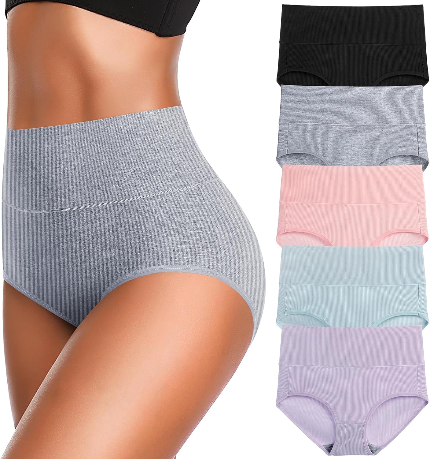 Women's High Waist Cotton Underwear Super Stretchy Briefs Full Coverage Panties Soft Women Panties 5-Pack