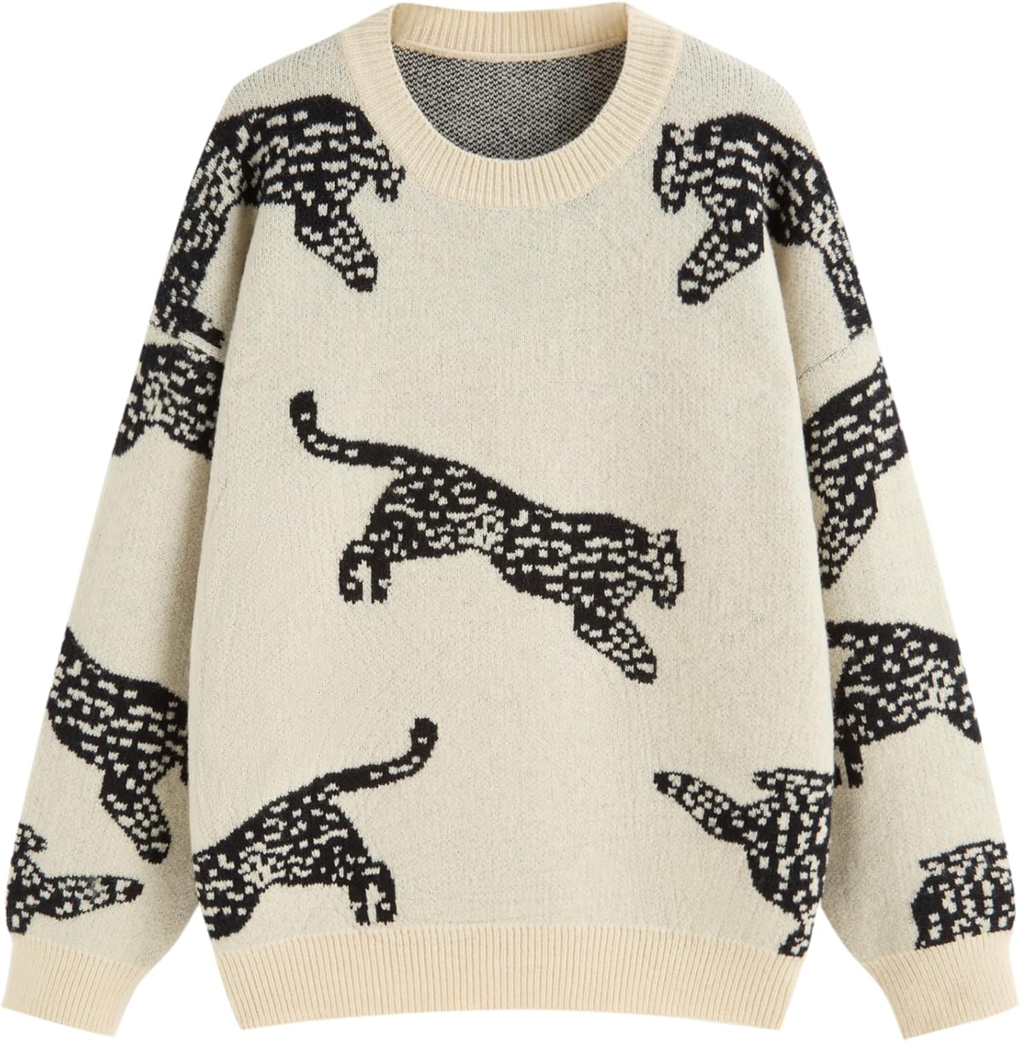 CIDER Womens Leopard Crew Neck Long Sleeve Boho Knit Sweater Casual Pullover Fall Sweater