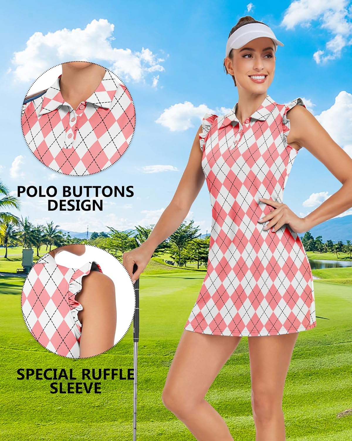 WOWENY Tennis Dress Polo Buttons Golf Dresses with Built in Shorts and Pockets Ruffle Sleeveless Athletic Workout Dress