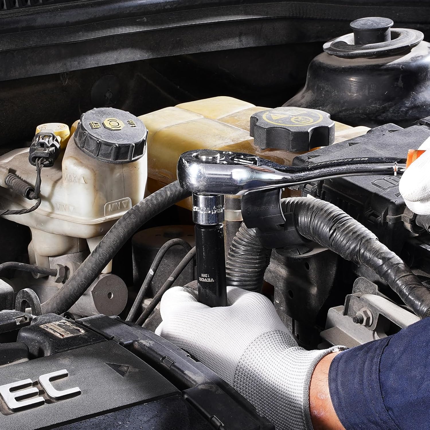 VEVOR Impact Socket Set 3/8" Drive, 48-Piece Standard SAE (5/16 to 3/4 inch) & Metric (8 to 22 mm) Size, Deep & Shallow, 6 Point, CR-V, Extension Bar, Universal Joint, 1/2" F to 3/8" M Reducer