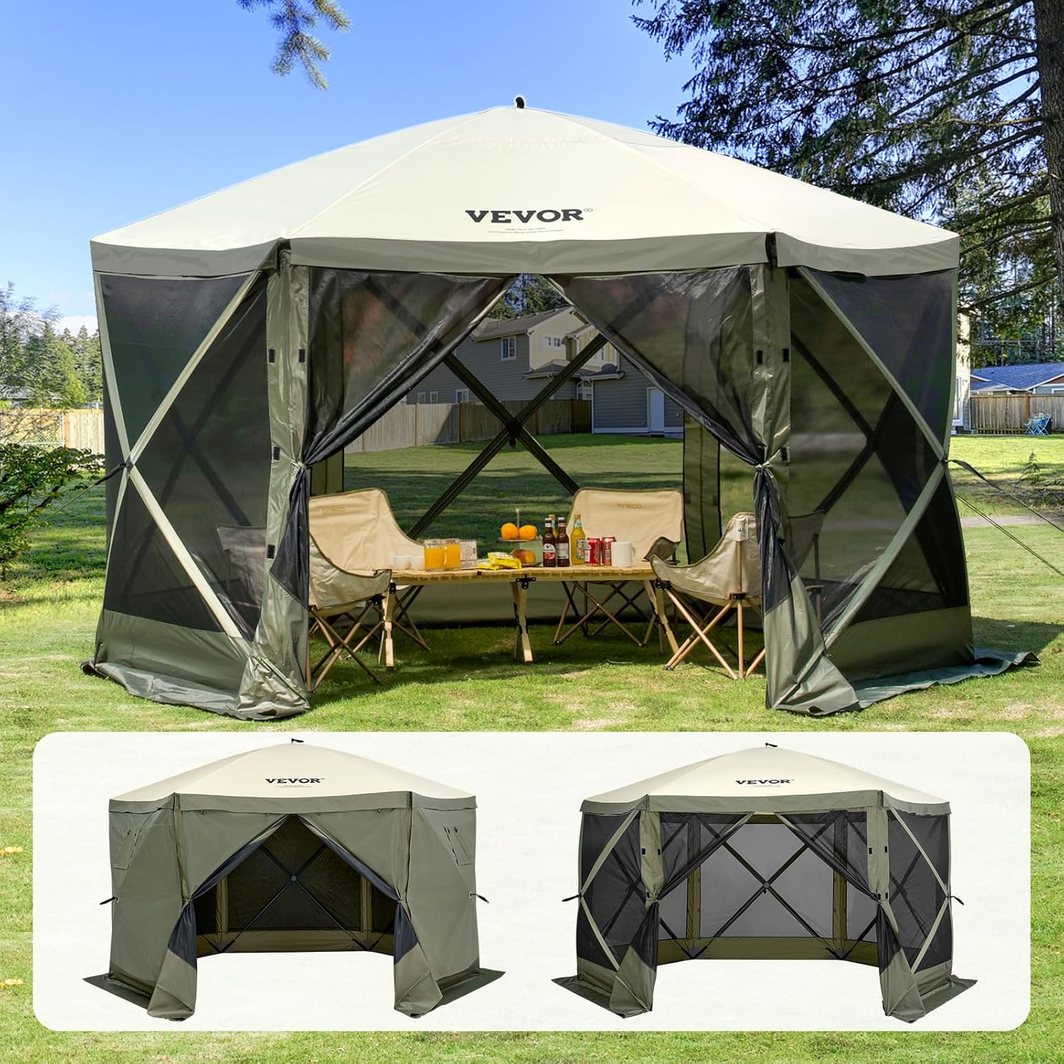 VEVOR 12 * 12ft 6 Sided Pop-up Canopy Shelter Tent with Mesh Windows, Portable Carry Bag, Stakes, Large Shade Tents for Outdoor Camping, Lawn and Backyard, Brown/Beige