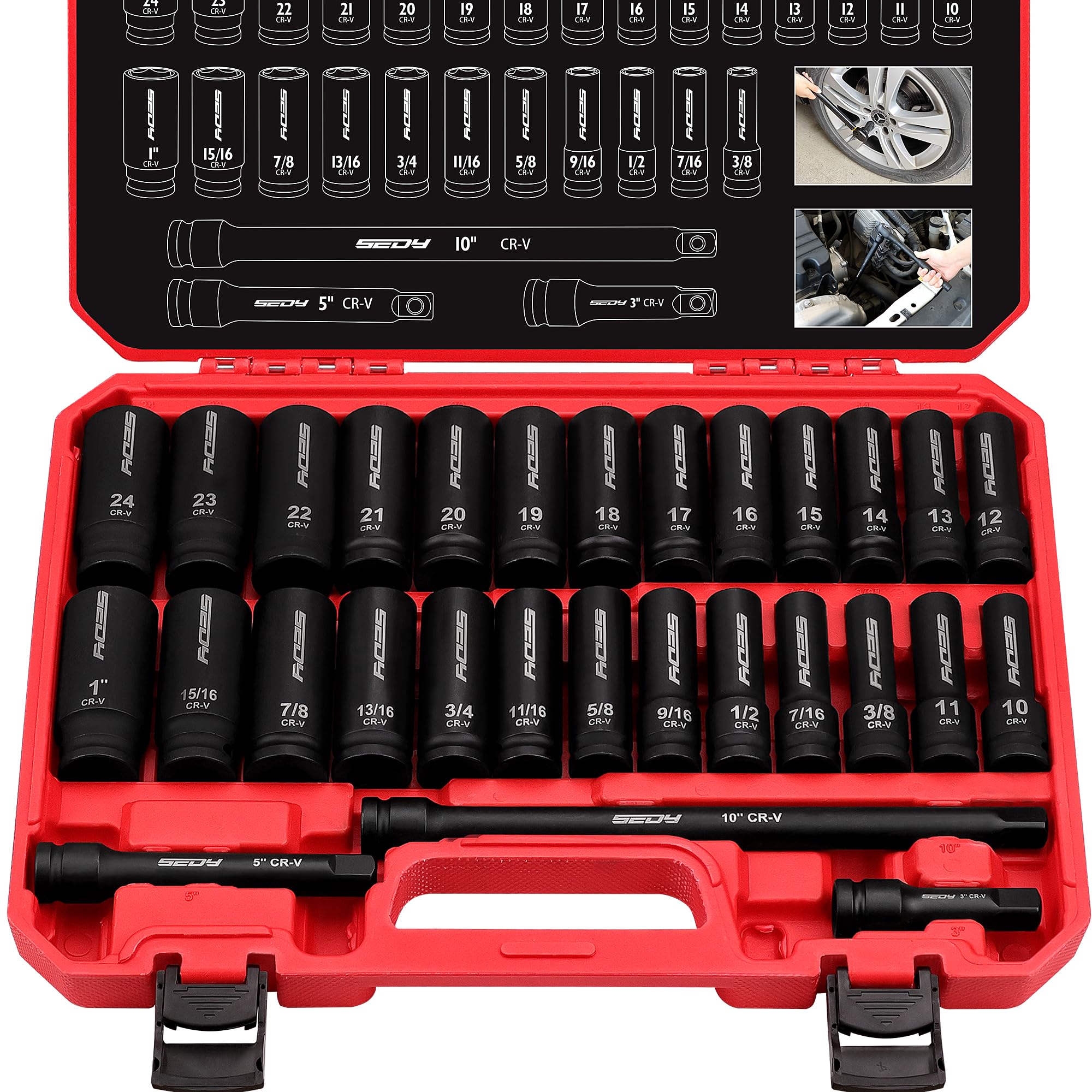 29-Piece 1/2" Drive Impact Socket Set, SAE (3/8 to 1 inch) and Metric (10-24mm) Sizes with Extension Bars Standard Deep Socket Set CR-V Material High Durability Impact Wrench