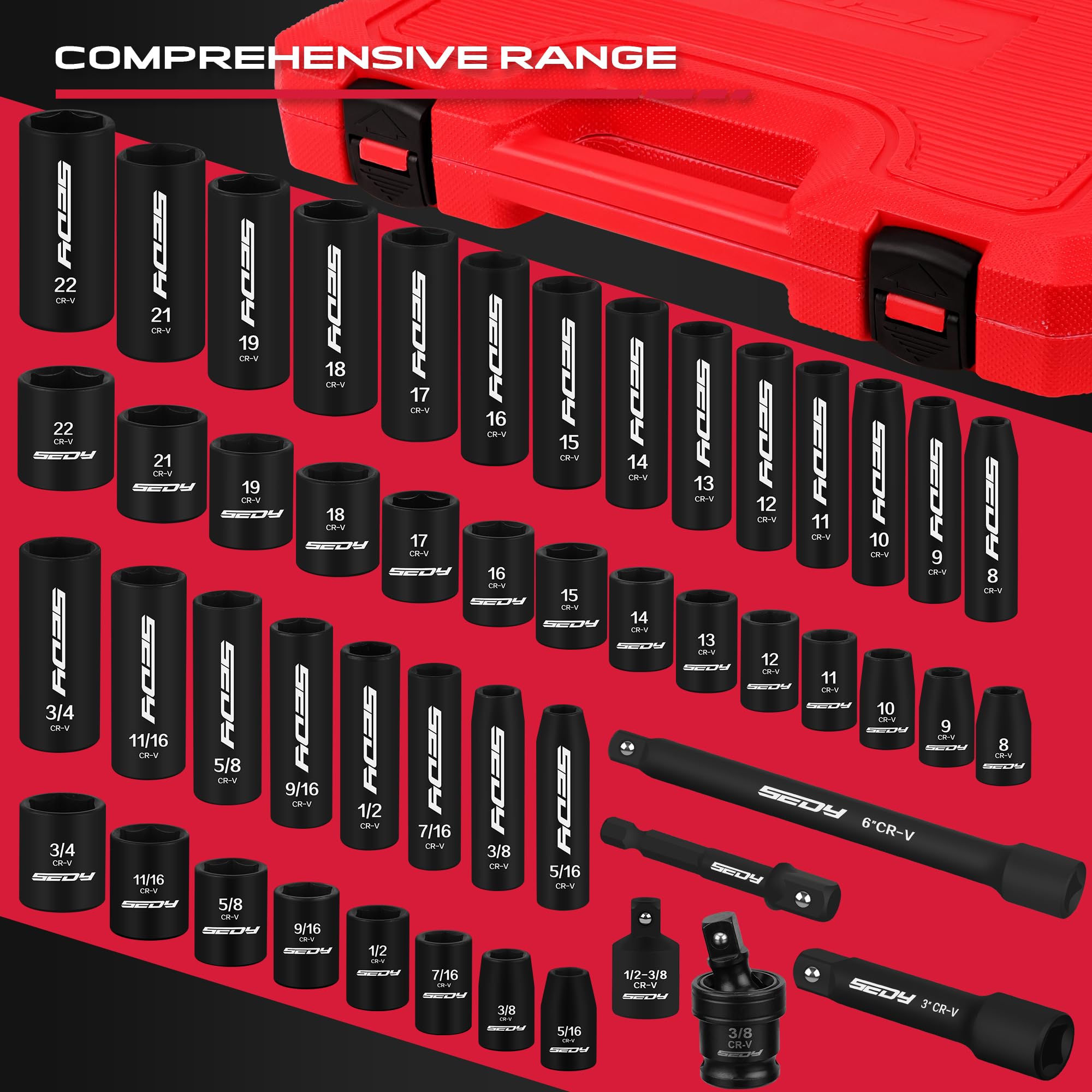 29-Piece 1/2" Drive Impact Socket Set, SAE (3/8 to 1 inch) and Metric (10-24mm) Sizes with Extension Bars Standard Deep Socket Set CR-V Material High Durability Impact Wrench