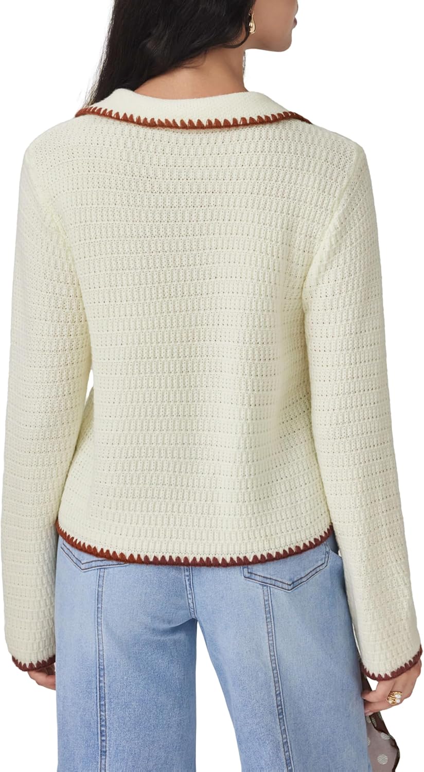 CIDER Sweaters for Women Trendy Color Trim Cute Long Sleeve V Neck Collared Knit Pullover Sweater Tops Fall Outfits