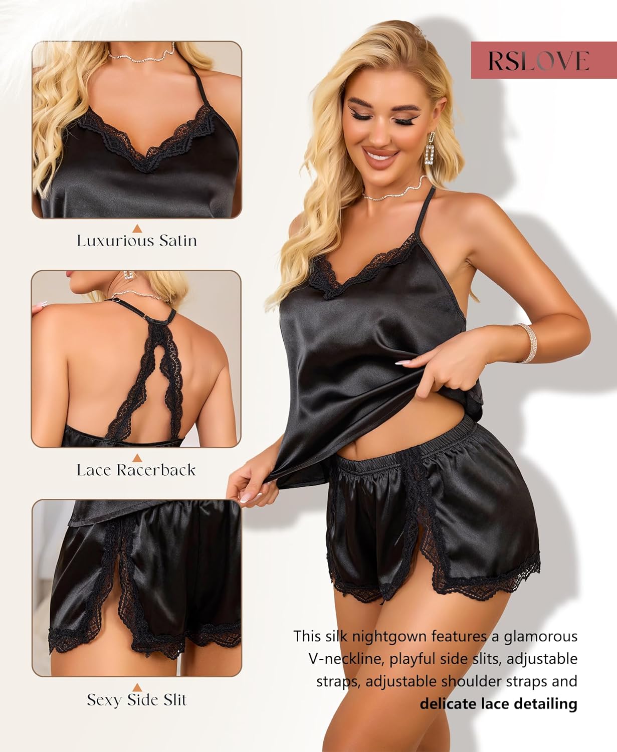 RSLOVE Women Pajama Set Sleepwear - Satin Pajamas Silk V Neck Cami and Shorts Pjs 2 Piece Womens Sexy Lace Lounge Nightwear