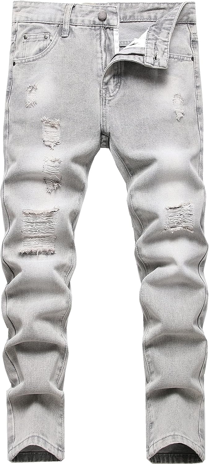 Boy's Skinny Fit Ripped Destroyed Distressed Stretch Slim Jeans Pants