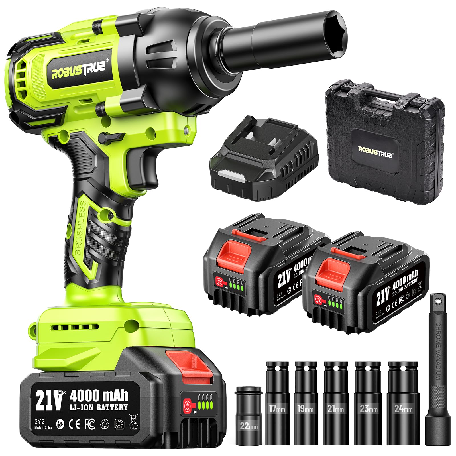 Cordless Impact Wrench, 406Ft-lbs (550N.m) Brushless 1/2 inch, 2800RPM High Torque Impact Gun, 2x 4.0Ah Battery, Charger, 4 Sockets, Electric Impact Wrench for Car Home