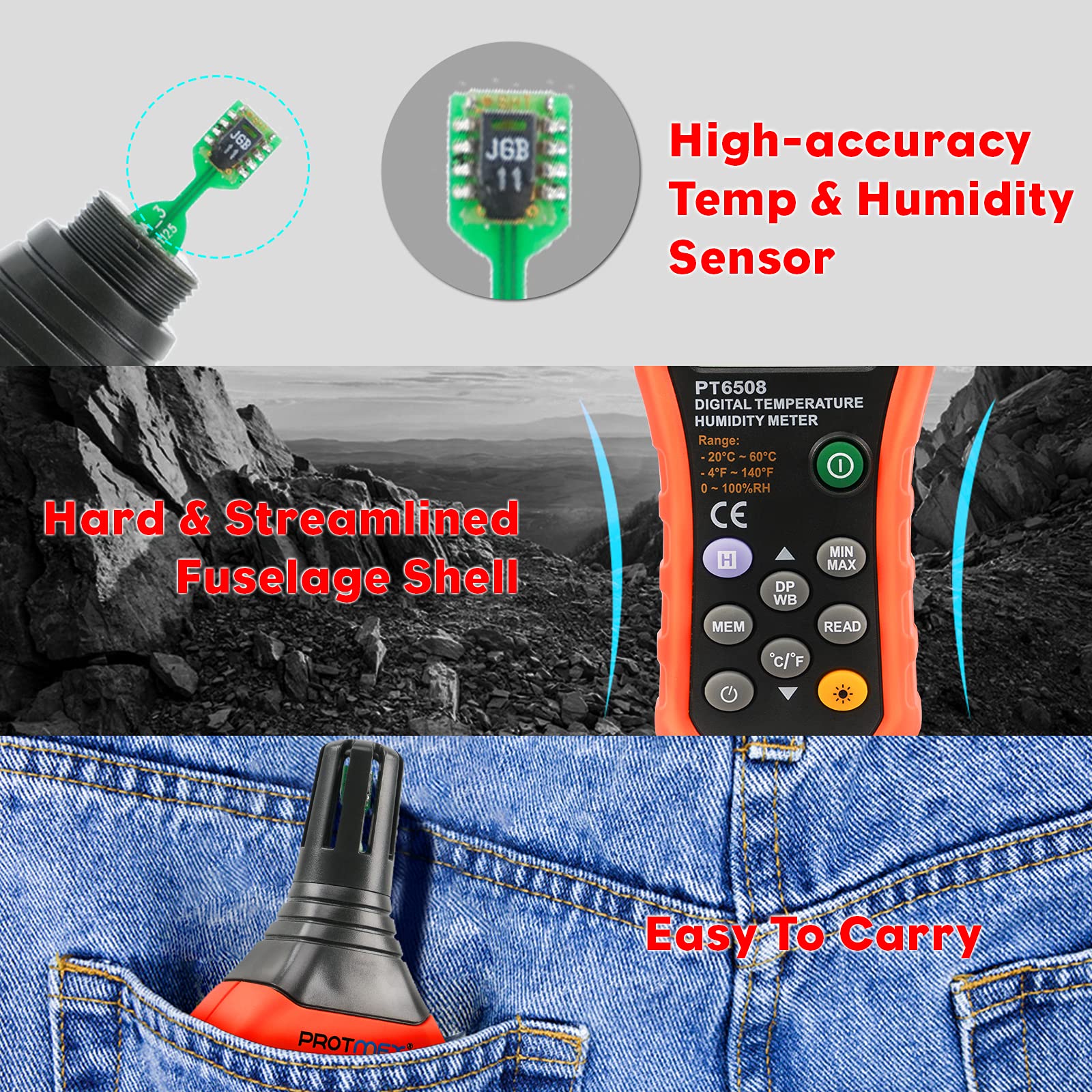 Digital Temperature Humidity Meter, Thermometer Hygrometer with Ambient Dew Point and Wet Bulb Temperature Indoor and Outdoor, Data Logger with Min/Max Hold, LCD Backlight, PT6508