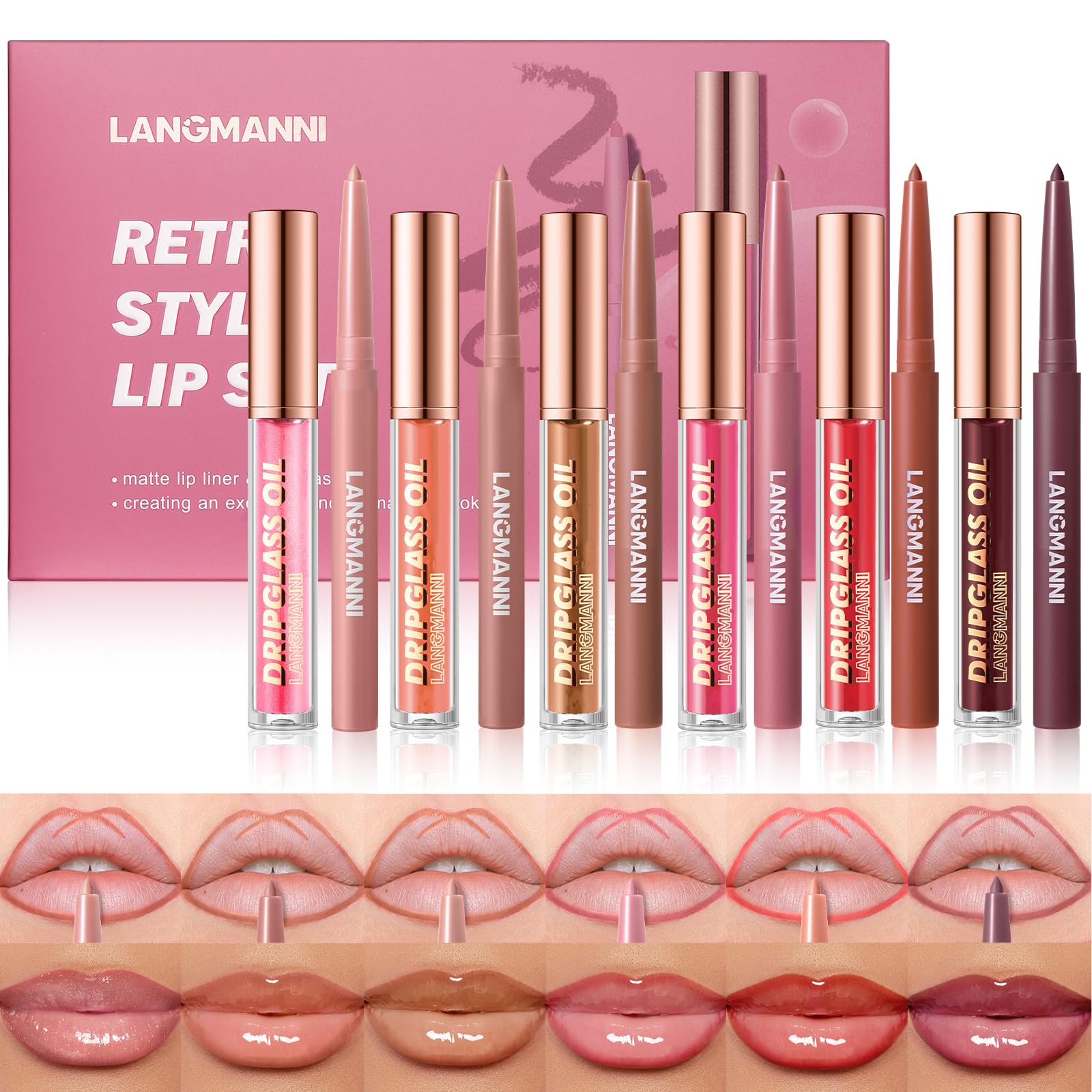 Jolilab Matte Lip Liner Lip Oil Set, Lip Makeup Set Natural Smooth Long-Lasting And Hydrating Beauty Daily Cosmetics Gift for Girls Easy-to-Use(12pcs)