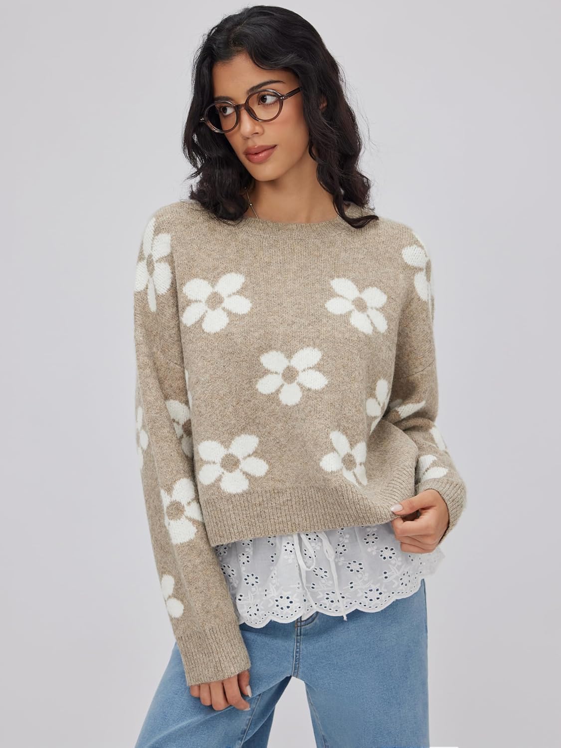 CIDER Floral Cozy Sweaters for Women Trendy Long Sleeve Cute Fall Outfits Casual Knit Pullover Sweater Fashion Clothes
