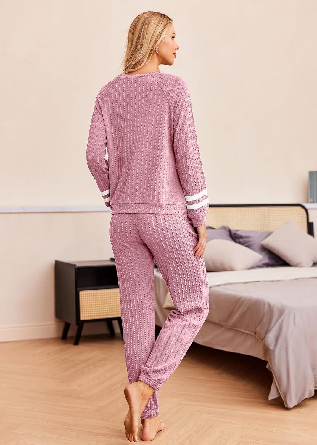 Ekouaer Lounge Sets for Women Ribbed Knit Outfits Pajamas Sets 2 Piece Long Sleeve Sweatsuits with Pockets