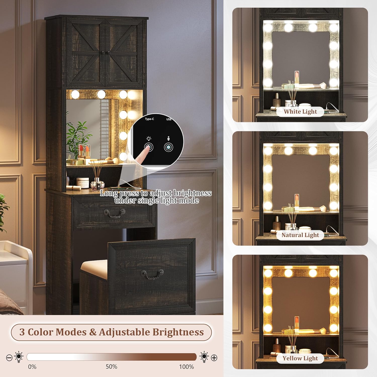 Vanity Desk with Mirror and Lights, Compact Makeup Table w/Storage Drawers & Shelves, Farmhouse Vanity Table with Hidden Chair for Bedroom, Gift for Girls Lady, Rustic Brown