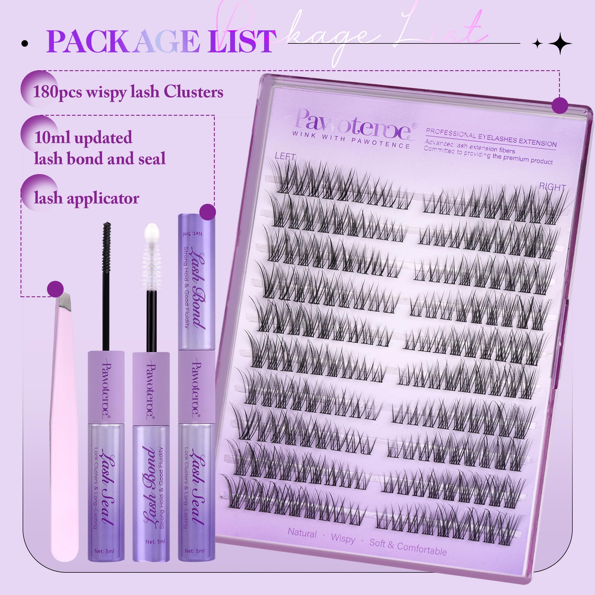 Pawotence Lash Extension Kit DIY 280pcs Lash Clusters Eyelash Extension Kit, 9-16mm 30D 40D Individual Lashes Kit with Lash Bond and Seal, Lash Tweezers for Self Use (30D&40D, 0.07D, 9-16mm, Kit)
