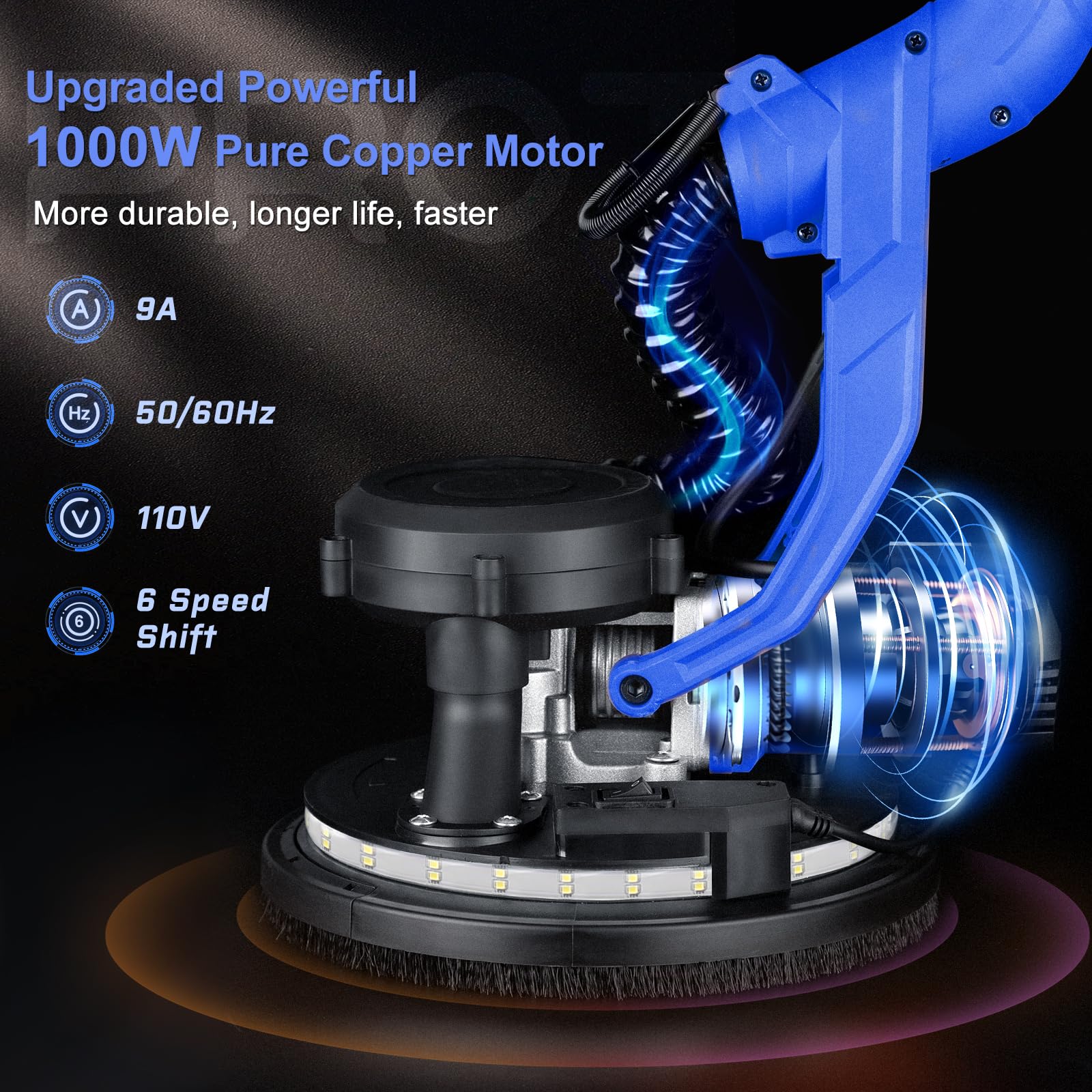 Drywall Sander, 1000W Popcorn Ceiling Removal Tool, Automatic Drywall Sander with Vacuum Dust Collection, LED Light, 6 Variable Speed 800-2200RPM,15Pcs Sanding Discs, Foldable & Extendable Handle