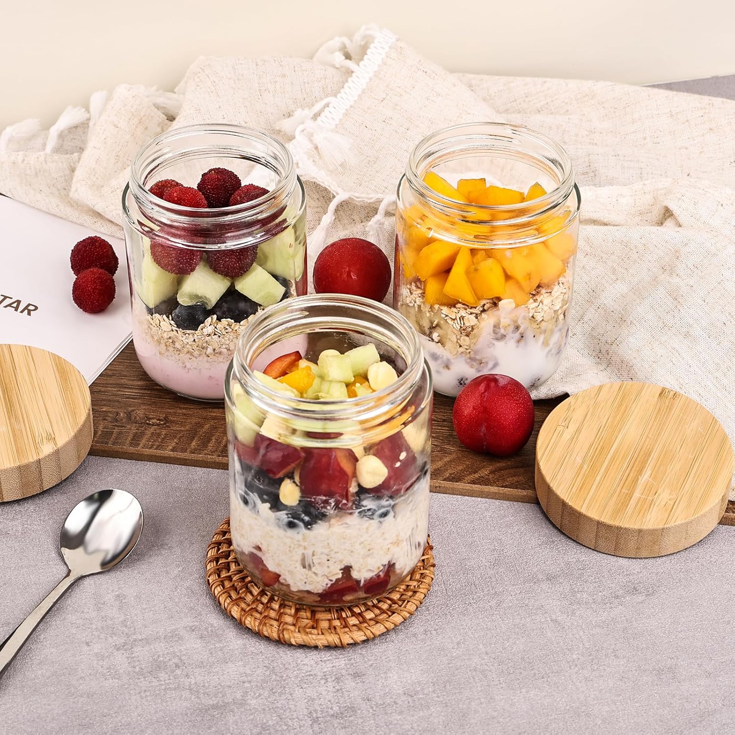 6-Pack Overnight Oats Containers with Bamboo Airtight Lids, 16oz Wide Mouth Mason Salad jars, Glass Food Storage Containers for Snacks Sugar Spice Yogurt
