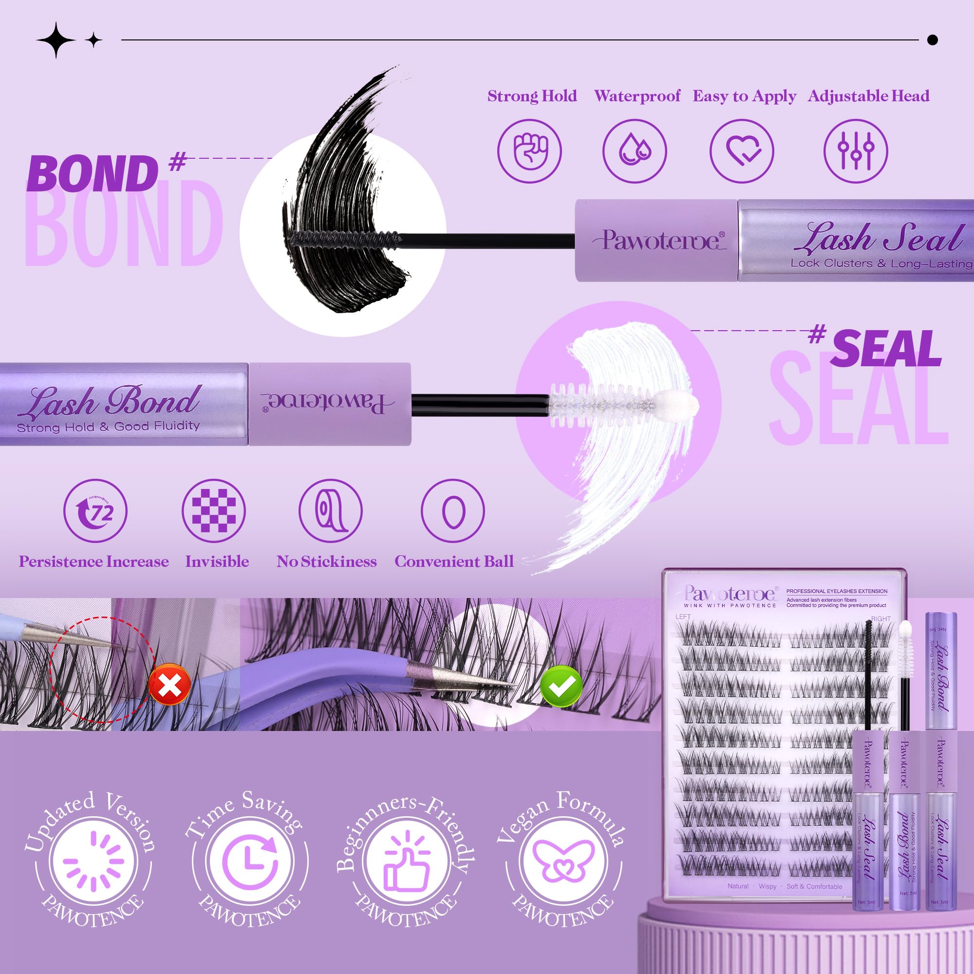 Pawotence Lash Extension Kit DIY 280pcs Lash Clusters Eyelash Extension Kit, 9-16mm 30D 40D Individual Lashes Kit with Lash Bond and Seal, Lash Tweezers for Self Use (30D&40D, 0.07D, 9-16mm, Kit)