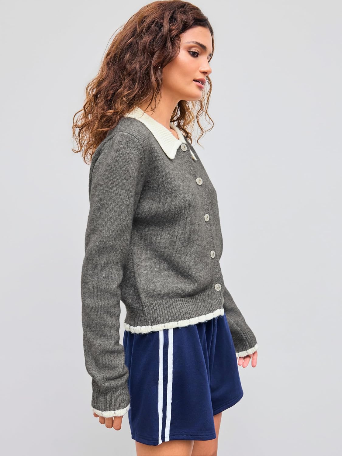 CIDER Cardigans for Women Trendy Knit Collar Button Up Contrasting Binding Regular Fit Crew Neck Cardigan