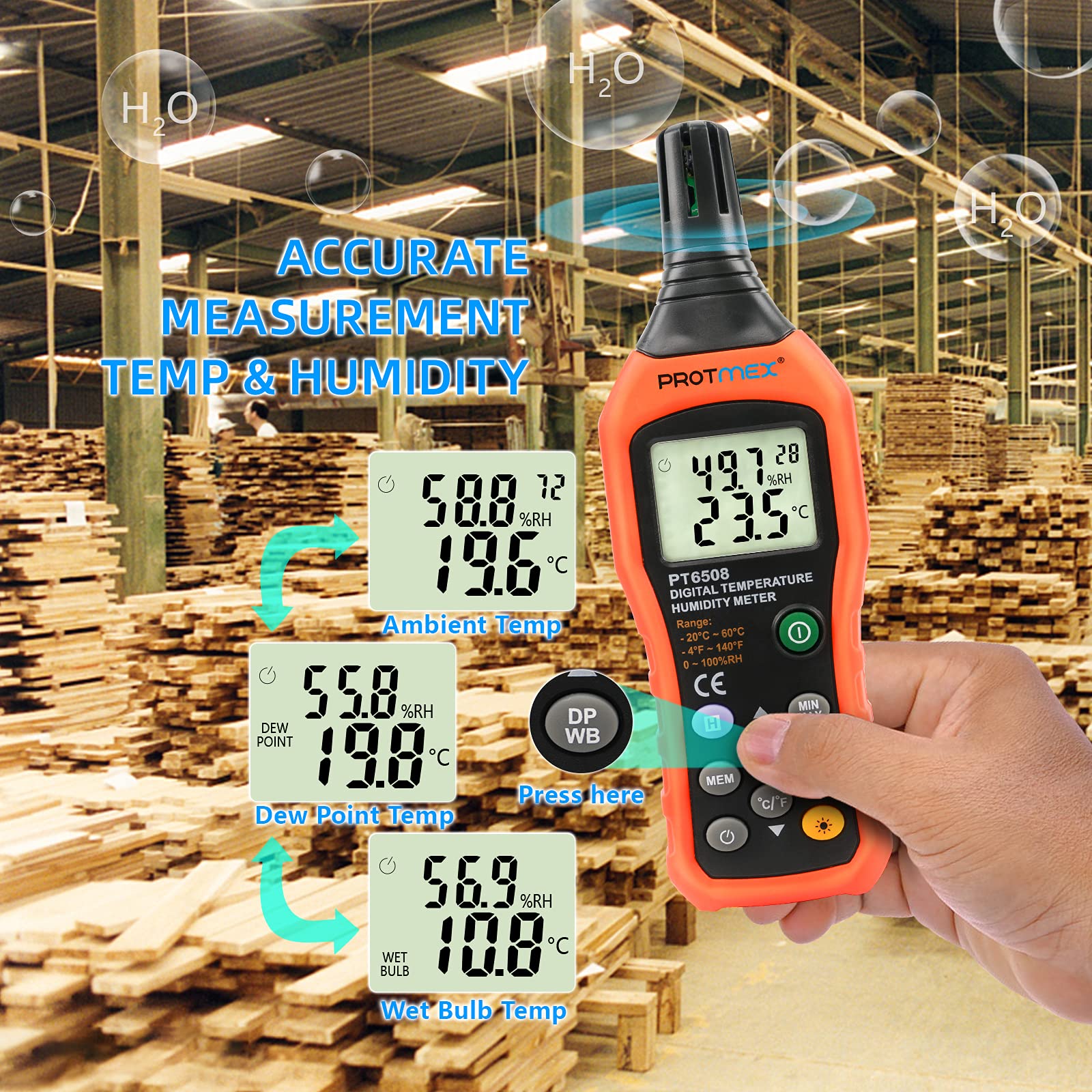 PT6508 Temperature Humidity Meter, Digital Thermometer Hygrometer Monitor with Ambient, Dew Point, Wet Bulb for Indoor/Outdoor MIN, MAX, Data Hold, LCD Backlight