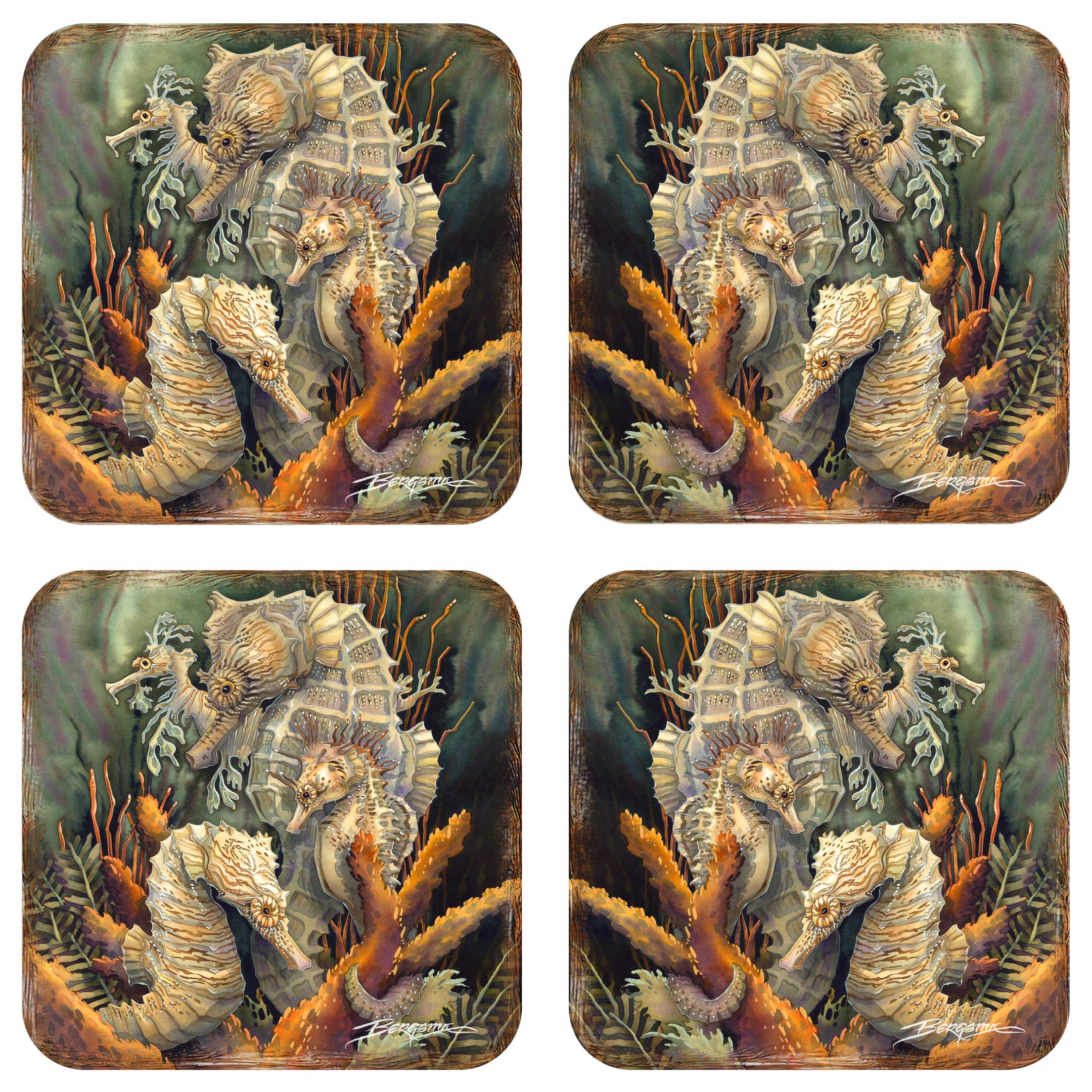 Seahorse Family Wooden Cork Coasters Gift Set of 4 by J. Bergsma - Coastal Decor - 8199454C-S4