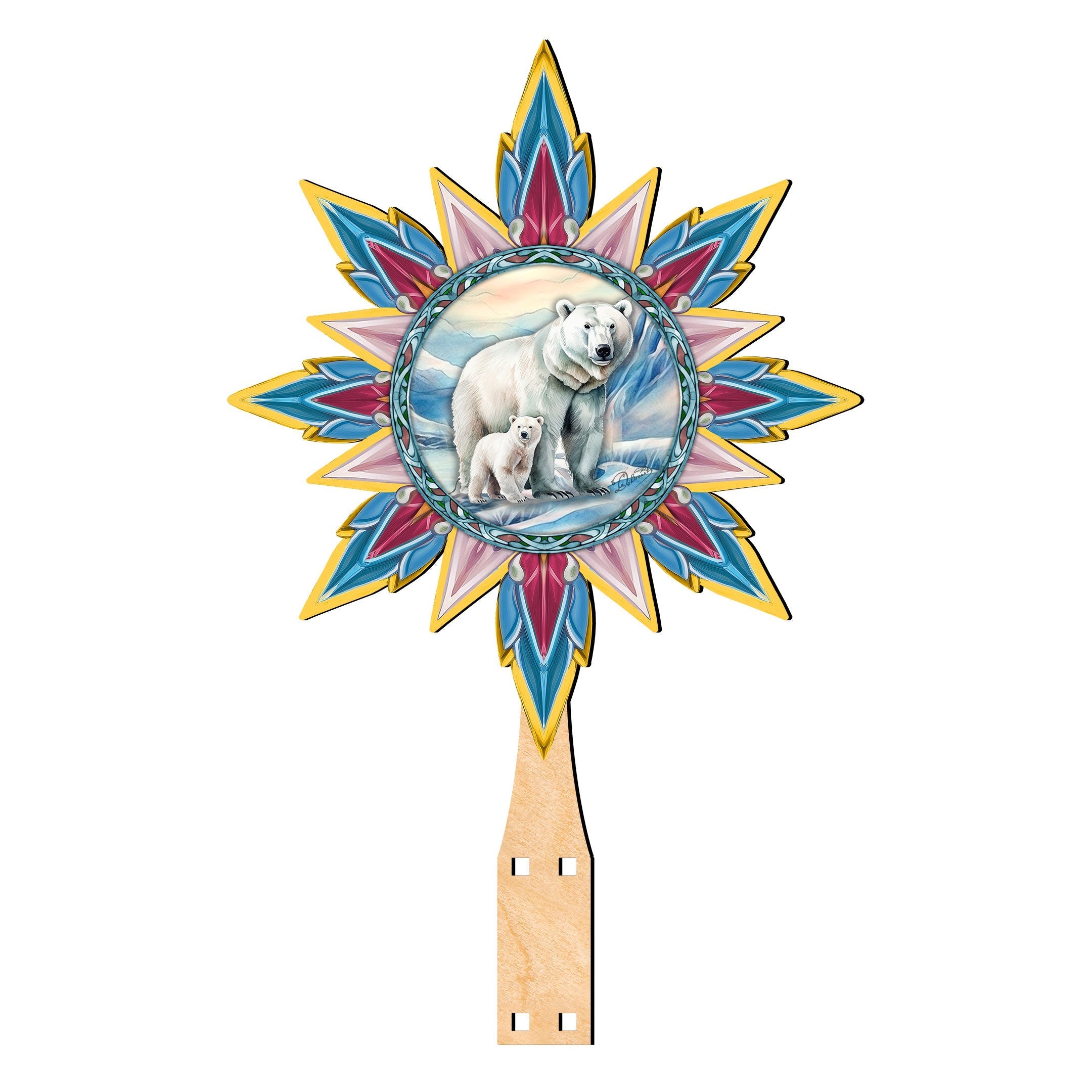 Polar Bear with Cub Star Tree Topper Wooden Decor by G. Debrekht - Wildlife Holiday Decor - 89509