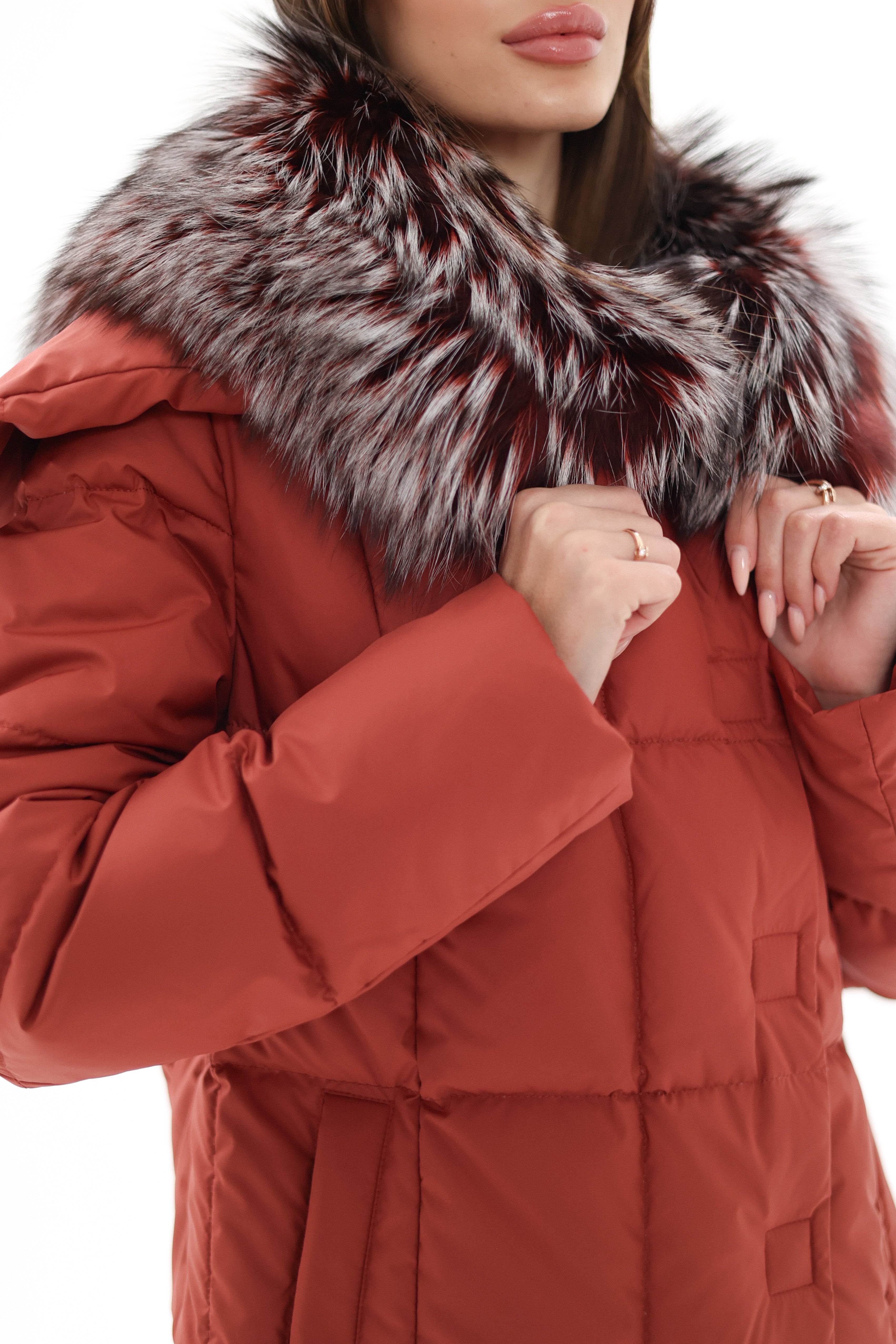 Genuine Silver Fox Fur Trim Down Coat