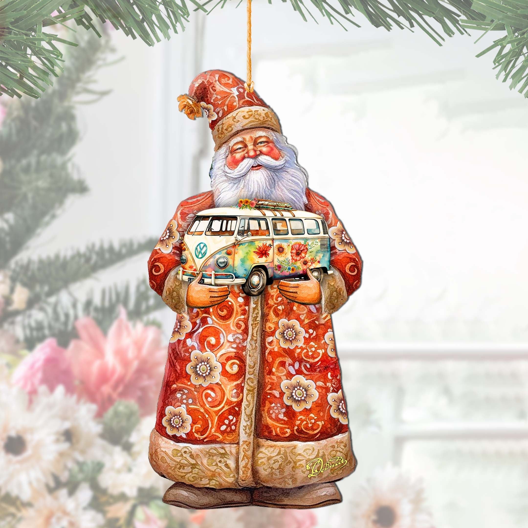 Santa with Van Wooden Ornaments by G. Debrekht - Christmas Santa Snowman Decor - 8691407
