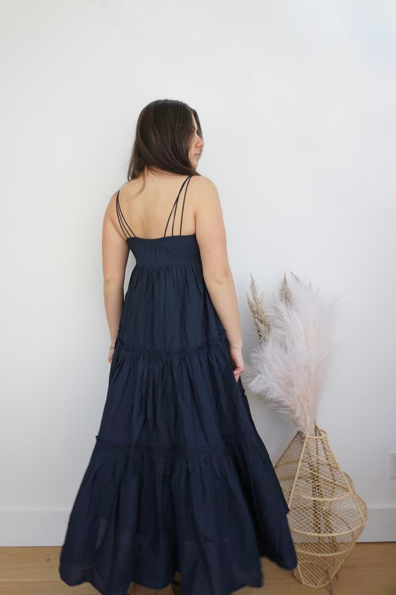 Donna Tiered Maxi Dress in Navy Poplin
