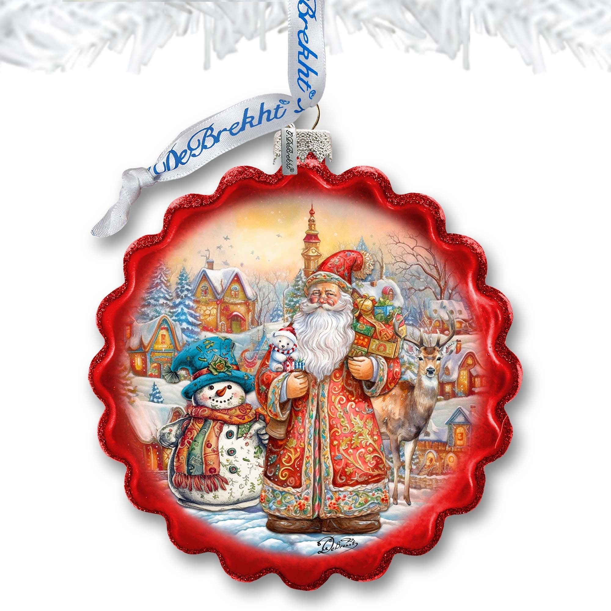 Merry Christmas Wreath Glass Ornament by G. Debrekht - Christmas Santa Snowman Decor - 759-058