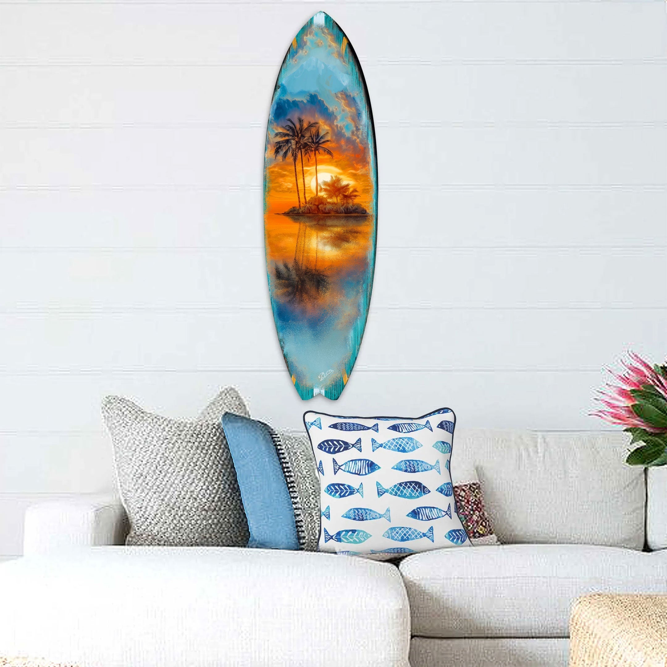 Tropical Sunset Surfboard Wall Art – Coastal Wall Decor - Handcrafted Surfboard Wall Decor for Beach House - Art by G. Debrekht - 8490139HS
