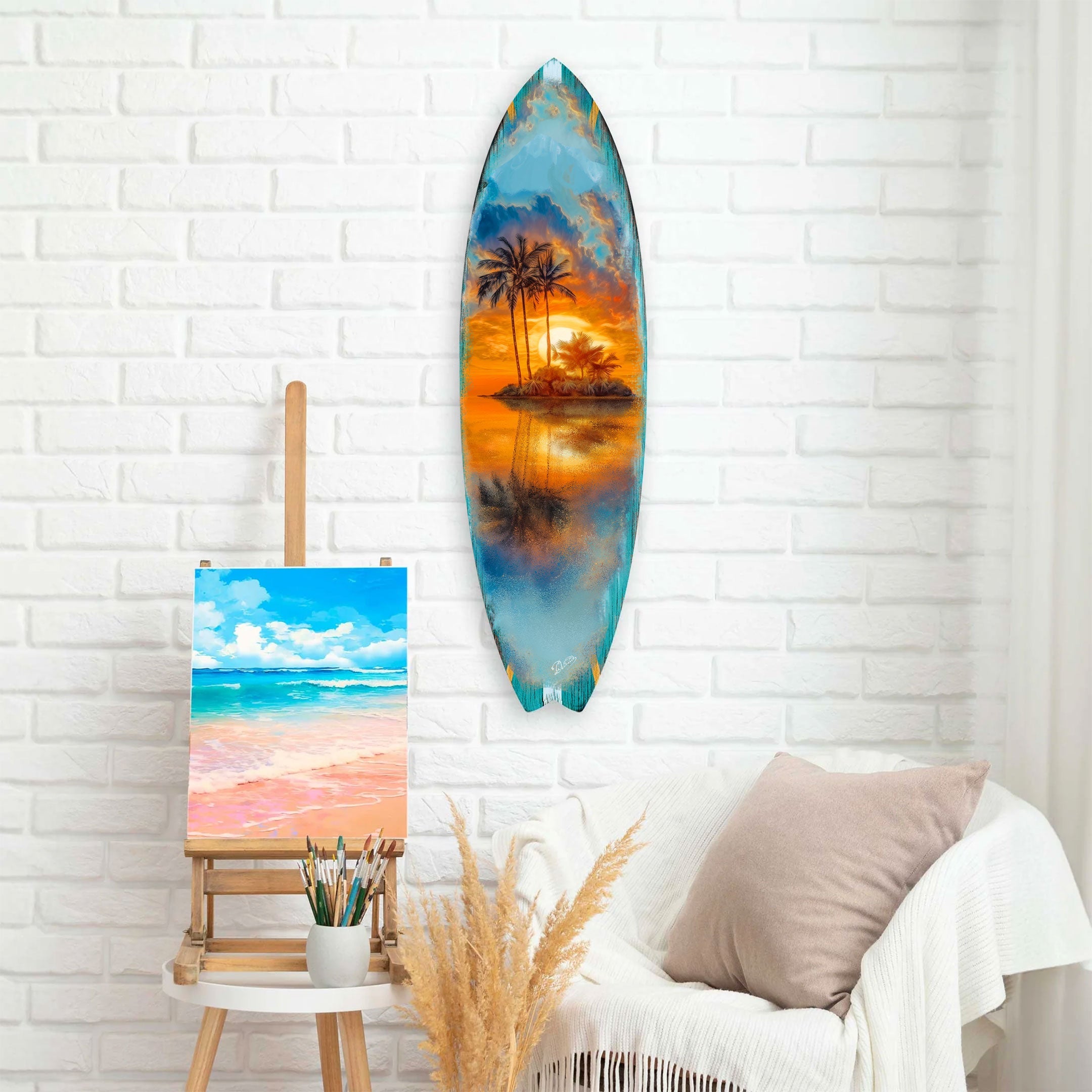 Tropical Sunset Surfboard Wall Art – Coastal Wall Decor - Handcrafted Surfboard Wall Decor for Beach House - Art by G. Debrekht - 8490139HS
