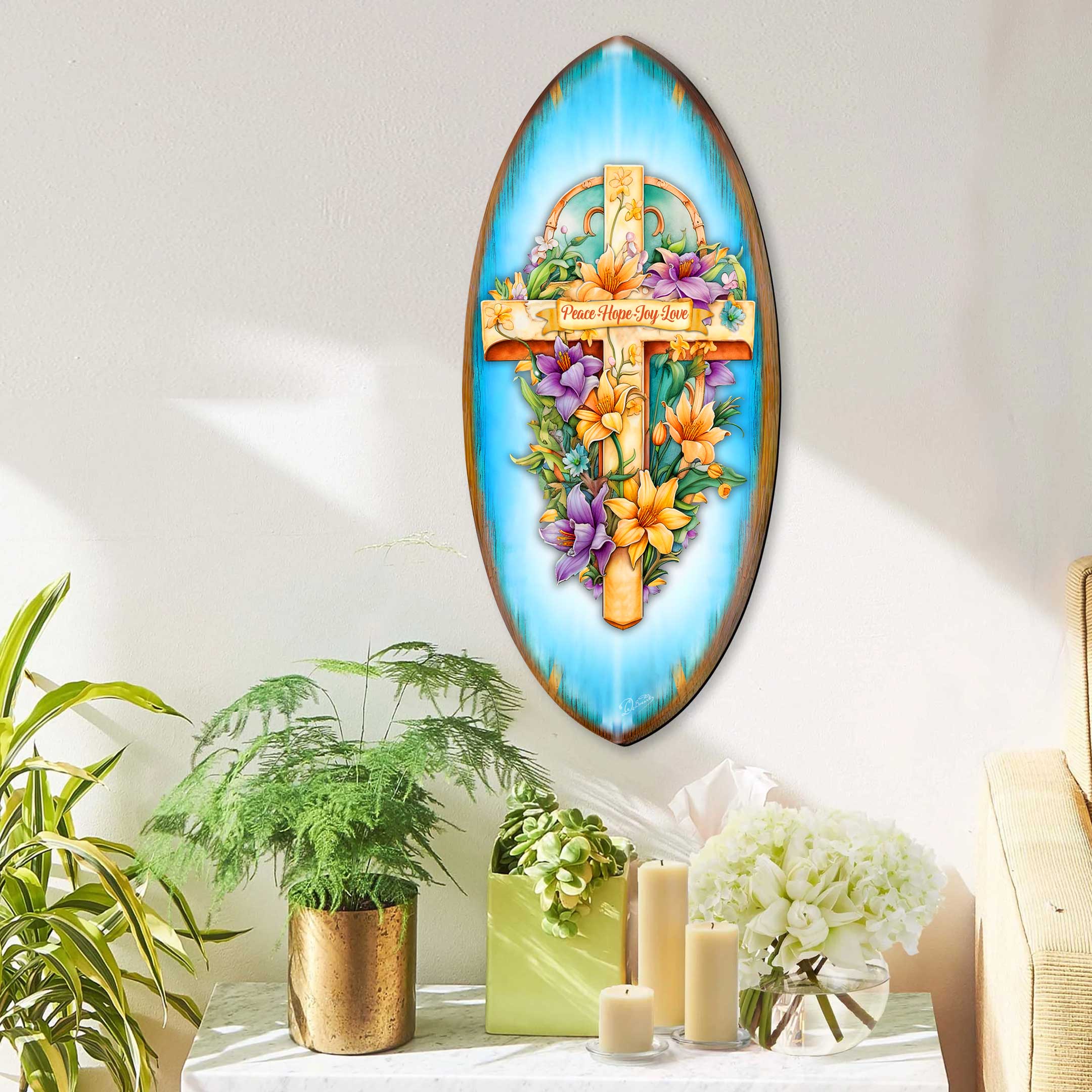 Christian Coastal Wall Decor - Peace Hope Joy Love Cross Surfboard Wall Art – Handcrafted Religious Decor by G.DeBrekht – 8490156HS