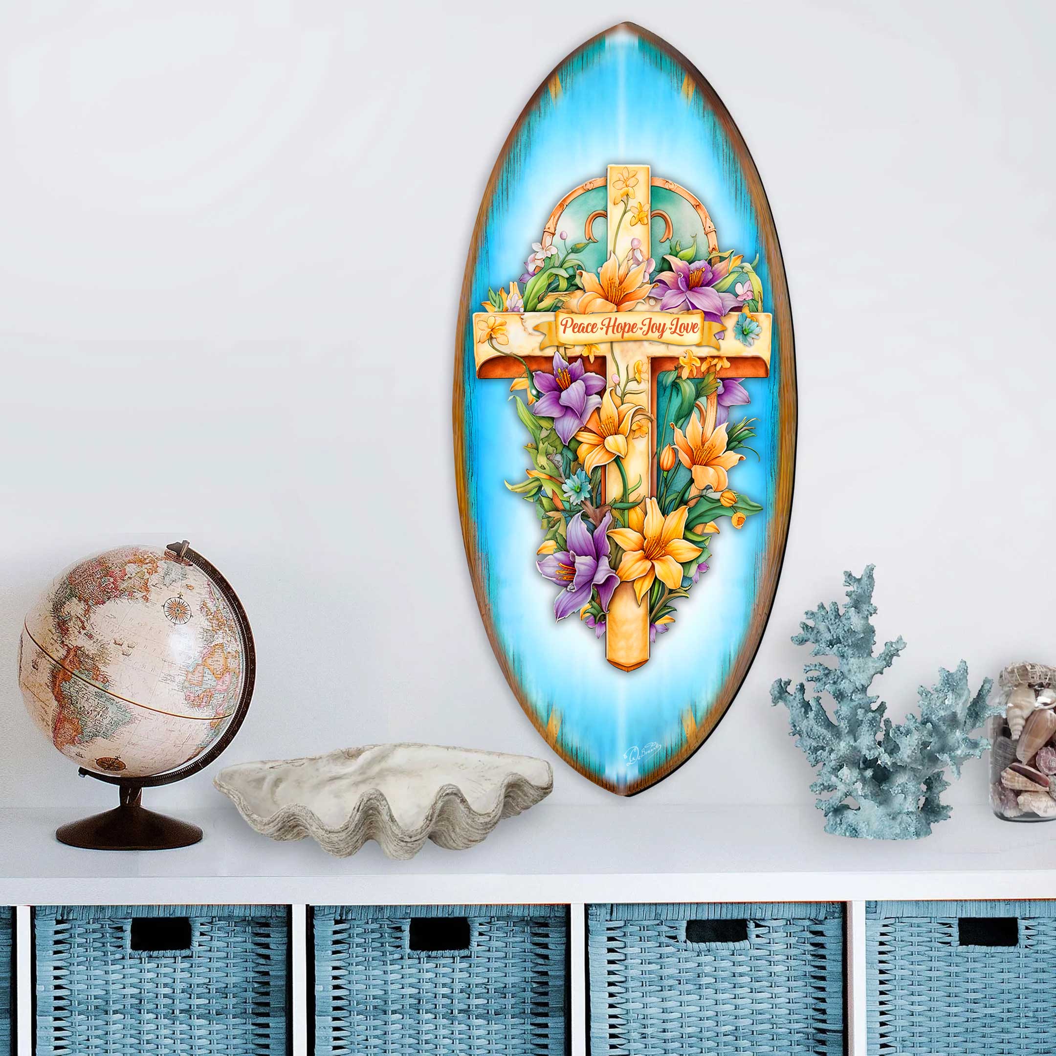 Christian Coastal Wall Decor - Peace Hope Joy Love Cross Surfboard Wall Art – Handcrafted Religious Decor by G.DeBrekht – 8490156HS
