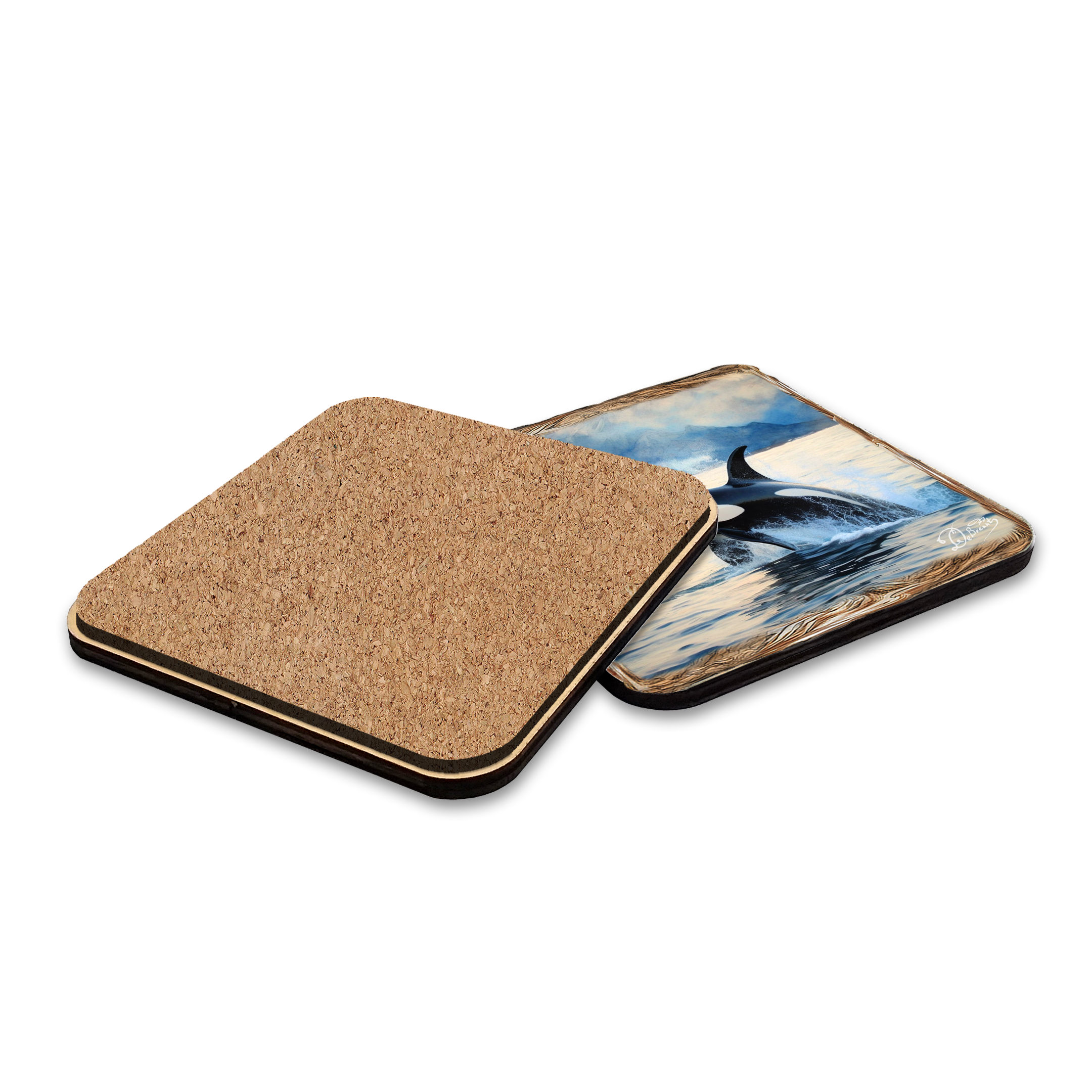 Playful Orcas Wooden Cork Placemat and Coasters Gift Set of 7 by Nature Wonders Coastal Nature Wildlife Décor - 85412C-S7