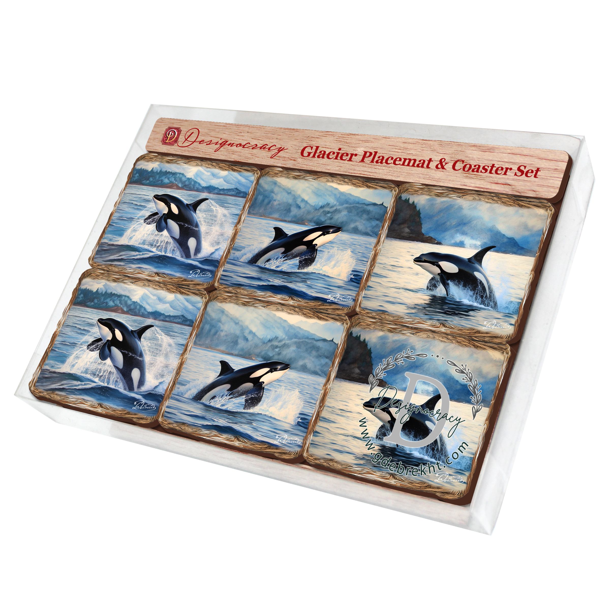 Playful Orcas Wooden Cork Placemat and Coasters Gift Set of 7 by Nature Wonders Coastal Nature Wildlife Décor - 85412C-S7