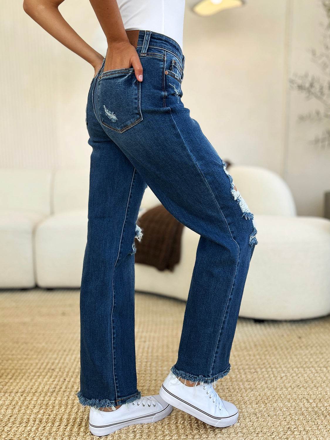 Judy Blue Full Size Mid Rise Distressed Raw Hem Women Jeans