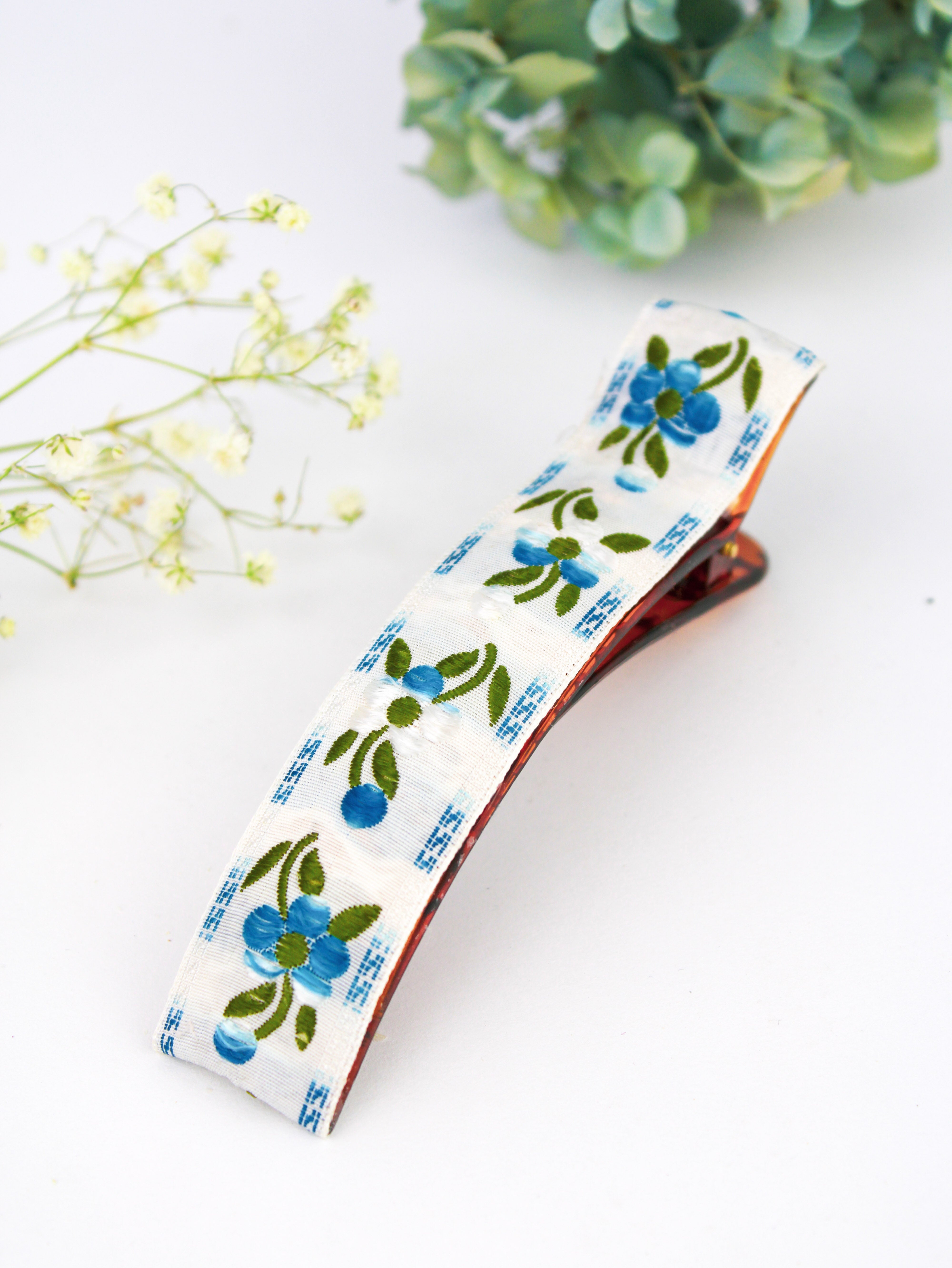 Blue Clematis Floral Ribbon Hair Clip