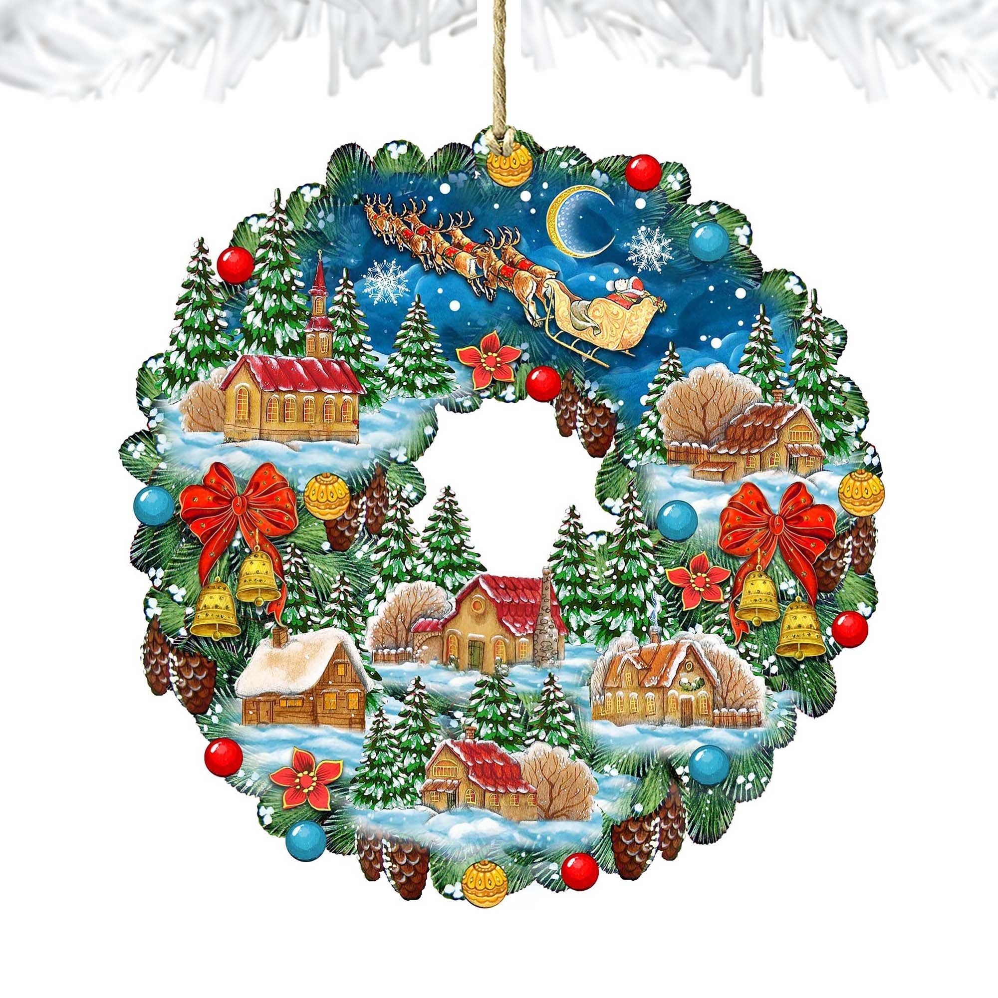 Up-Up Wreath Wooden Ornaments by G. DeBrekht - Christmas Santa Snowman Decor - 8185315