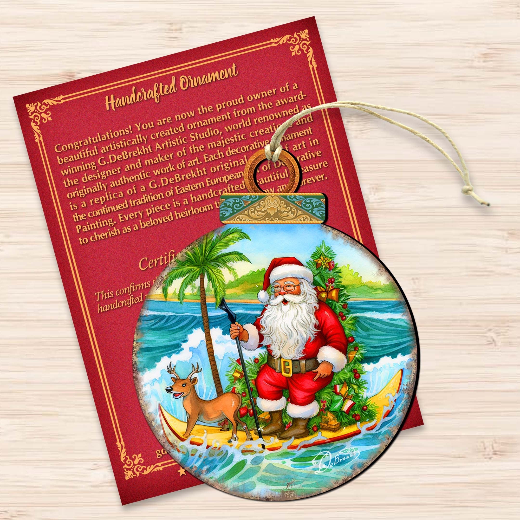 Nautical Christmas Décor - Santa on the Surfboard Wooden Ornaments by G. Debrekht Coastal Holiday Décor - 8688185