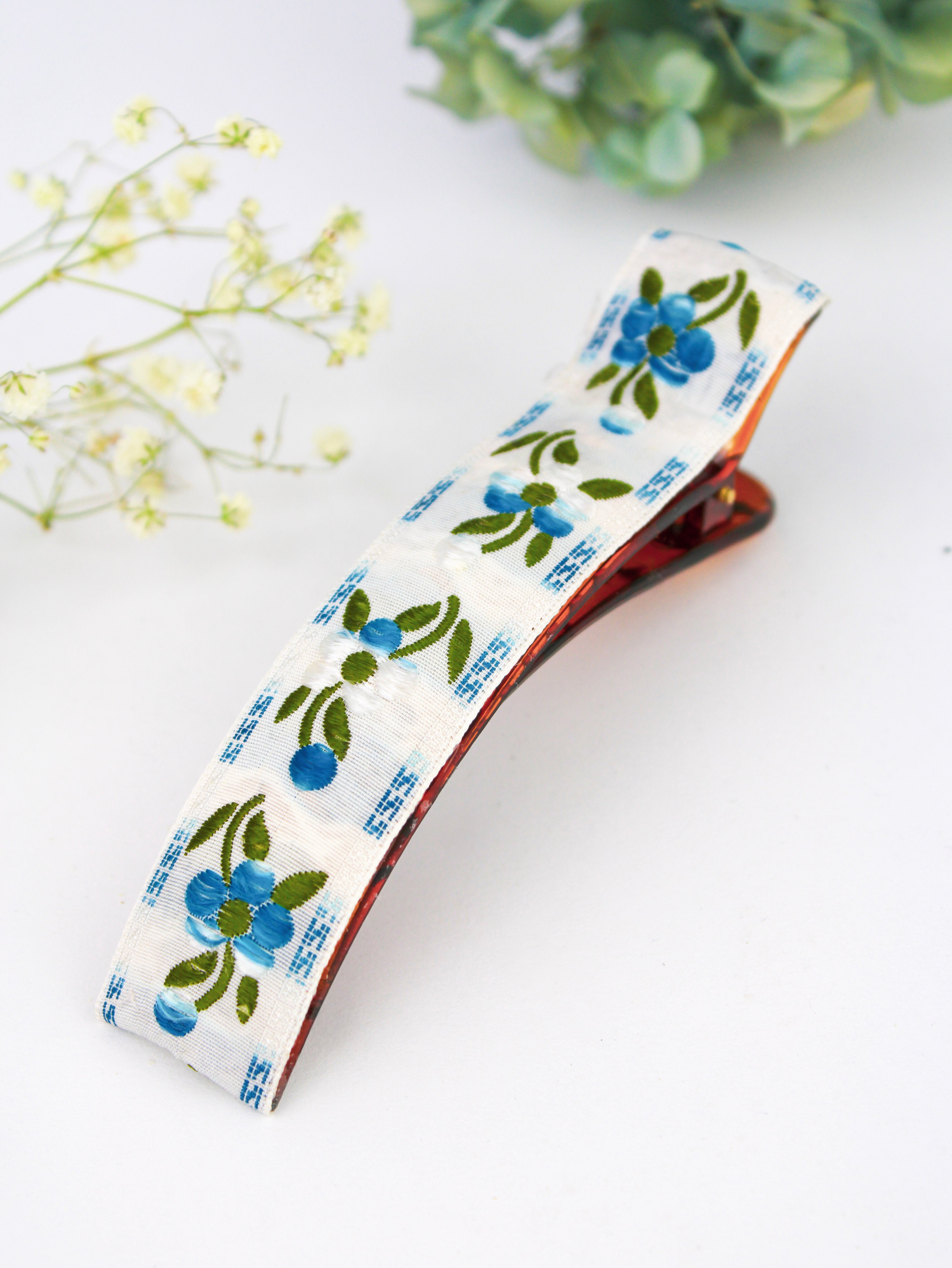 Blue Clematis Floral Ribbon Hair Clip