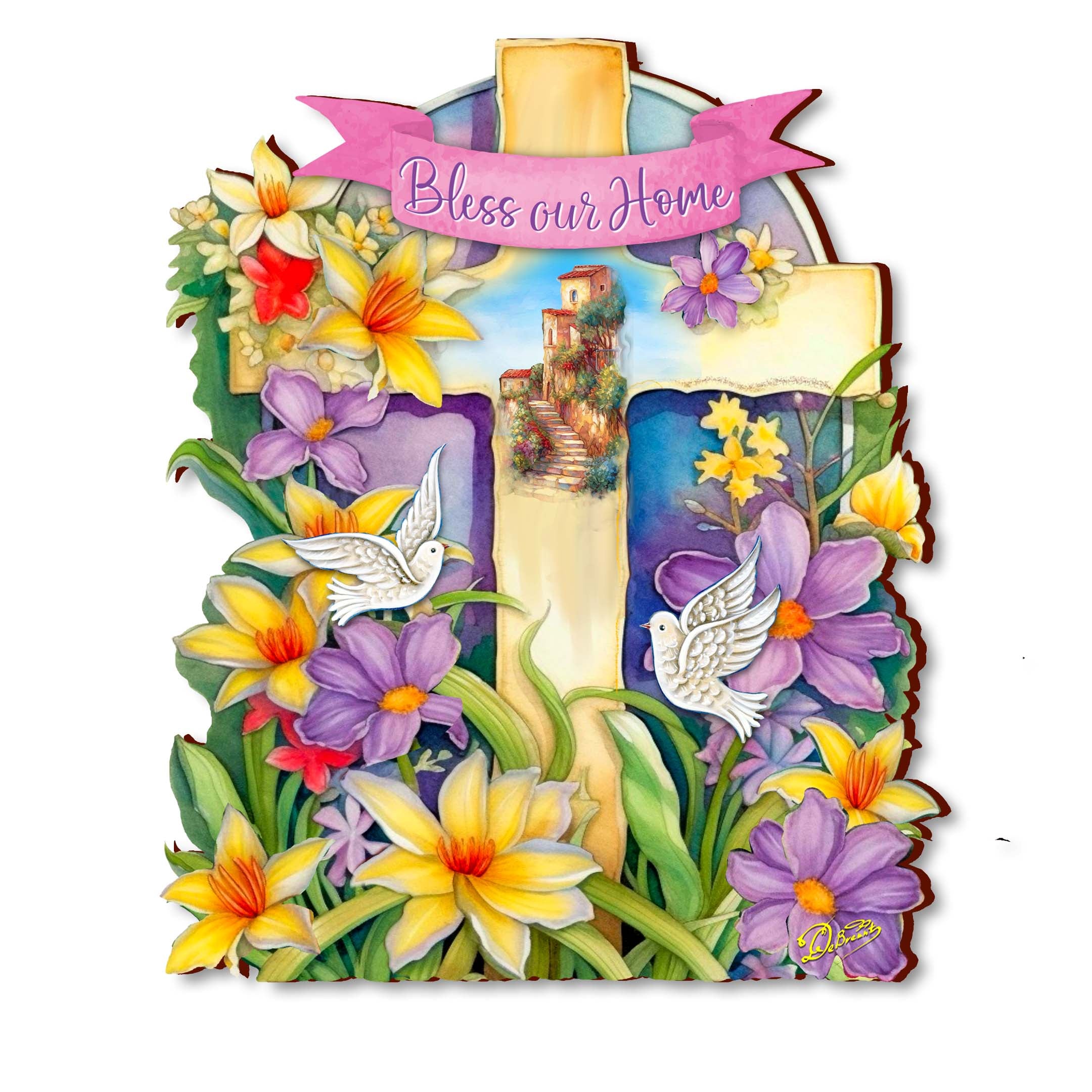 Bless Our Home Wooden Cross by G. Debrekht - Easter Spring Décor - 88161