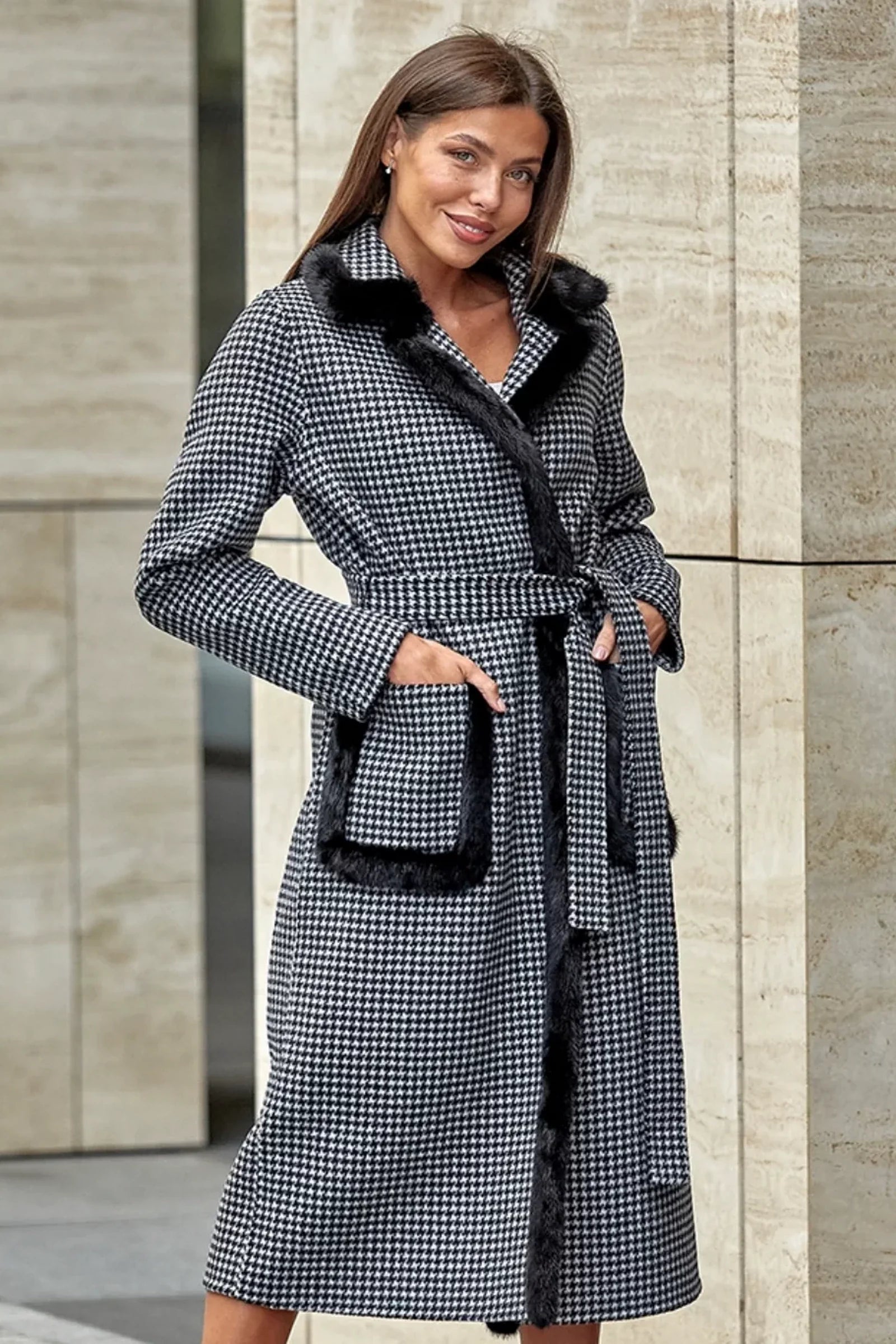 Genuine Scandinavian Mink Fur Trim Wool Coat