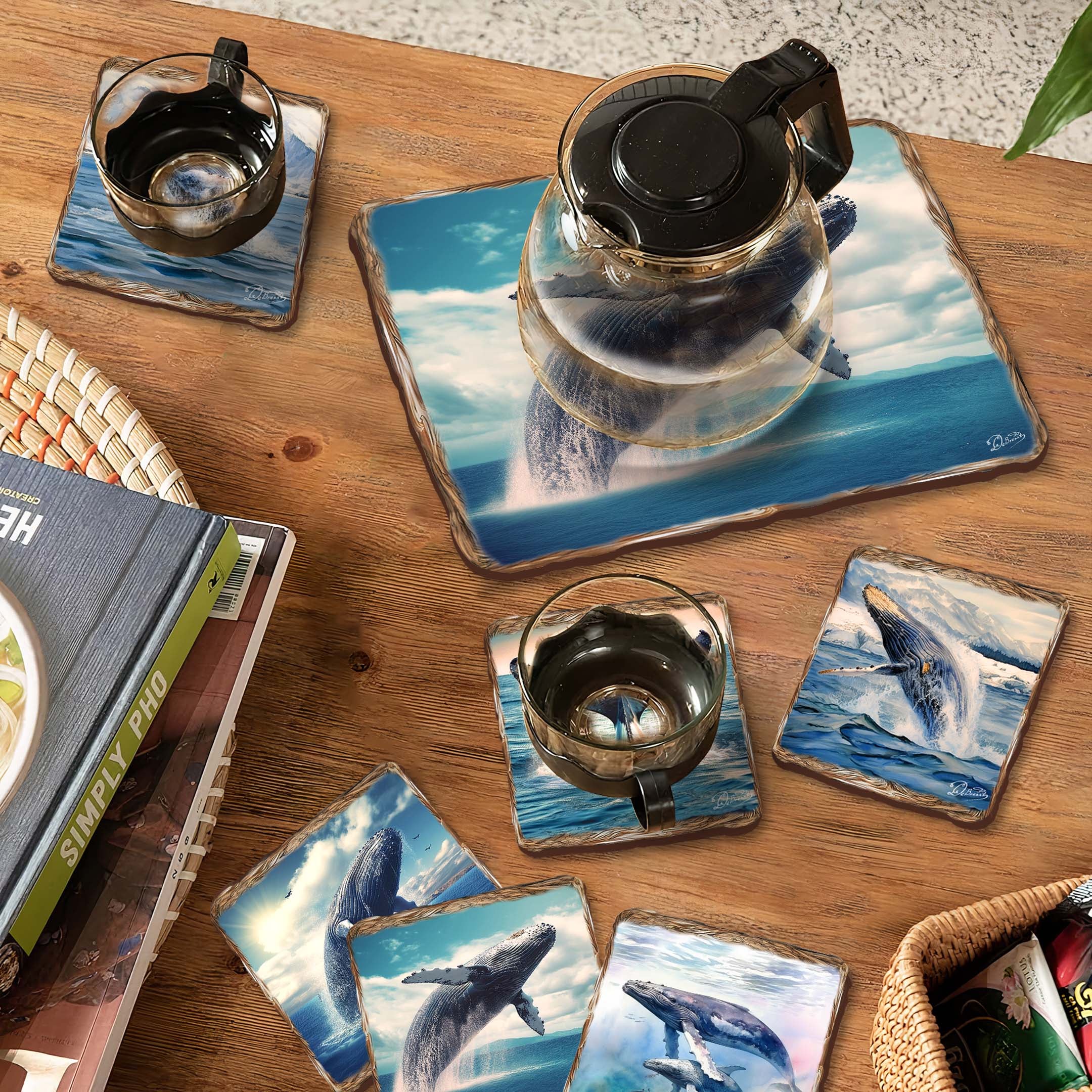Humpback Whale Wooden Cork Placemat and Coasters Gift Set of 7 by Nature Wonders Coastal Nature Wildlife Decor - 85403C-S7