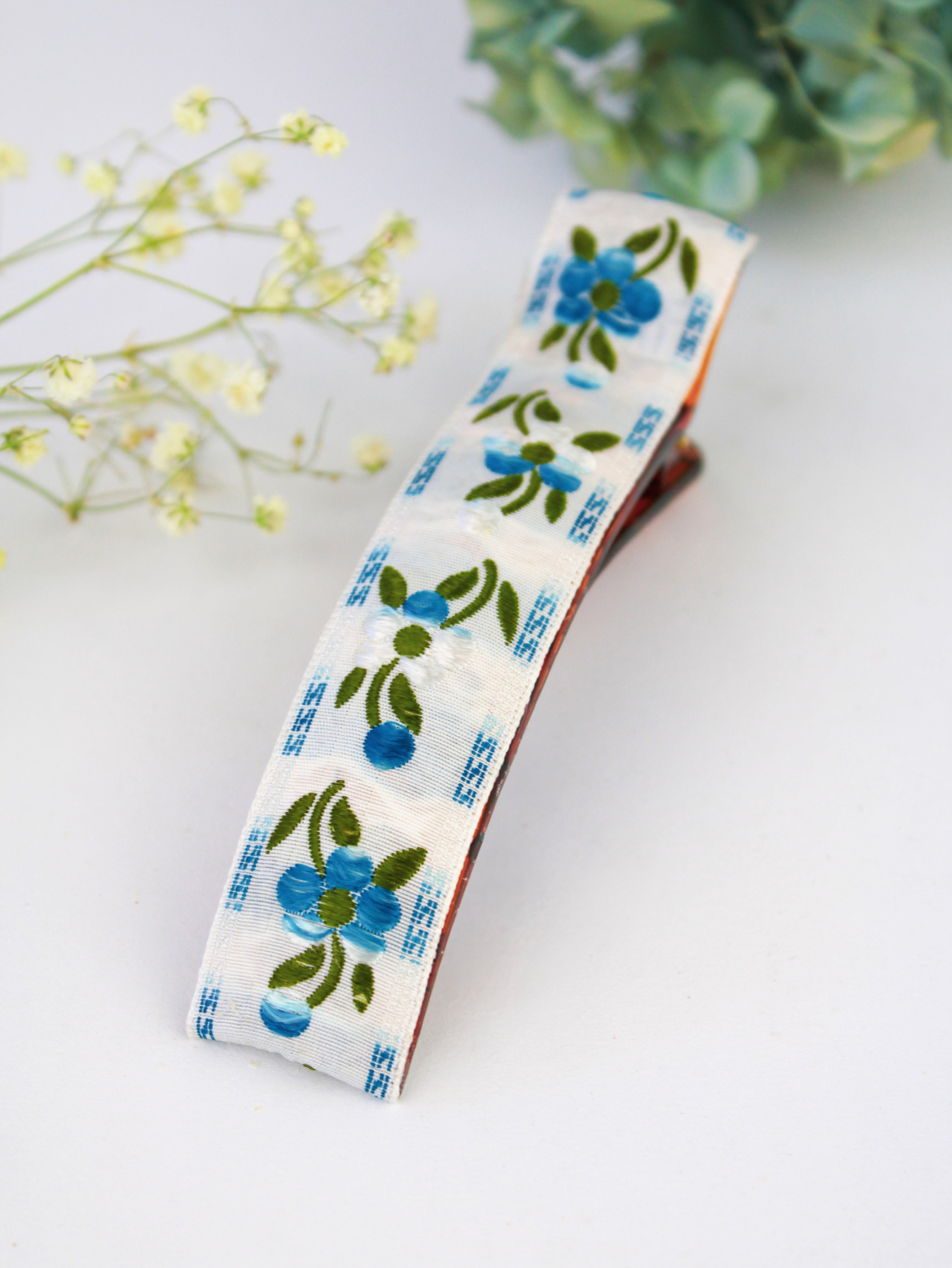 Blue Clematis Floral Ribbon Hair Clip