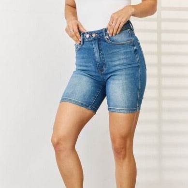 Judy Blue Full Size Tummy Control Double Button Bermuda Denim Women Shorts