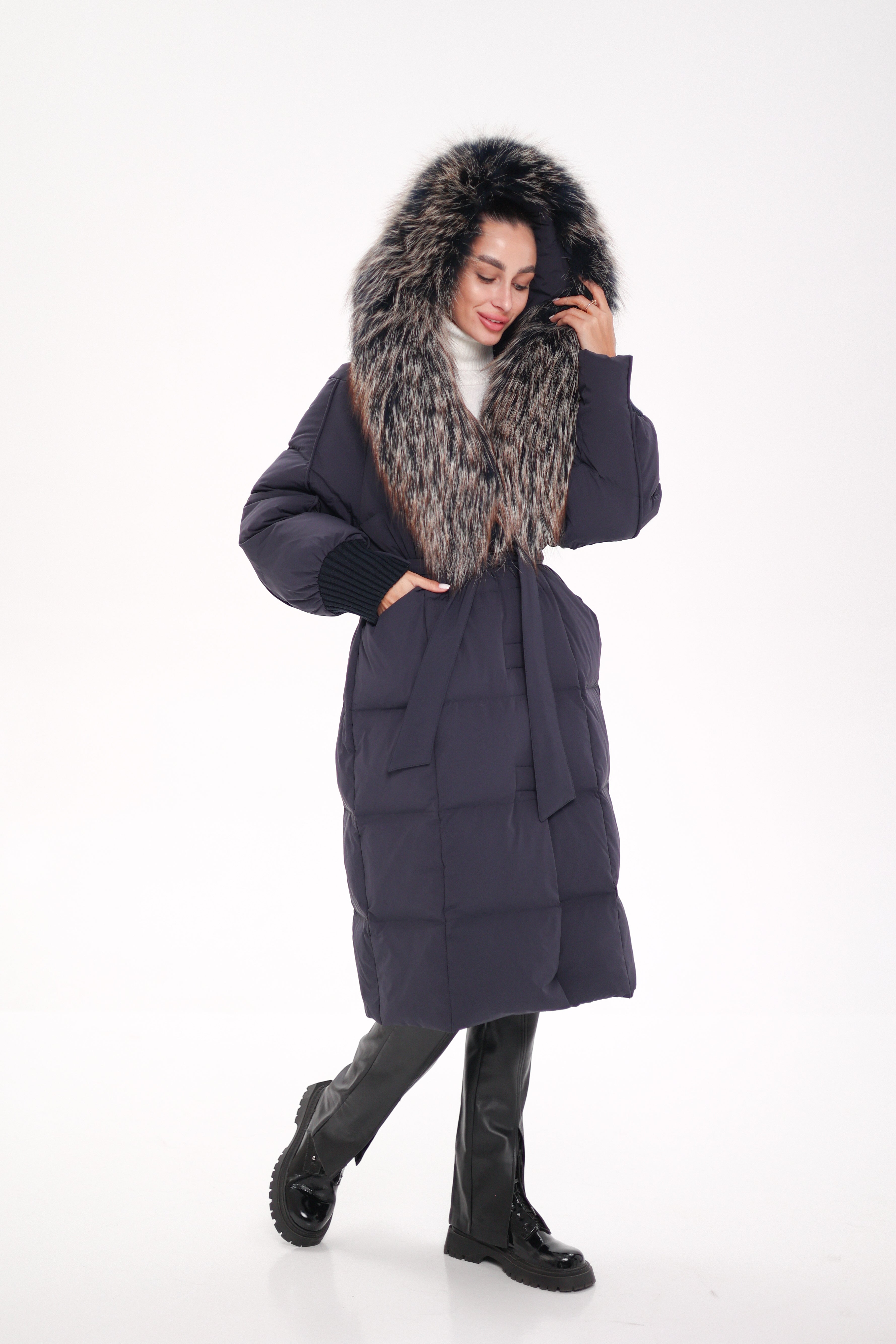 Rei Genuine Fur Trim Hooded Down Coat in Navy