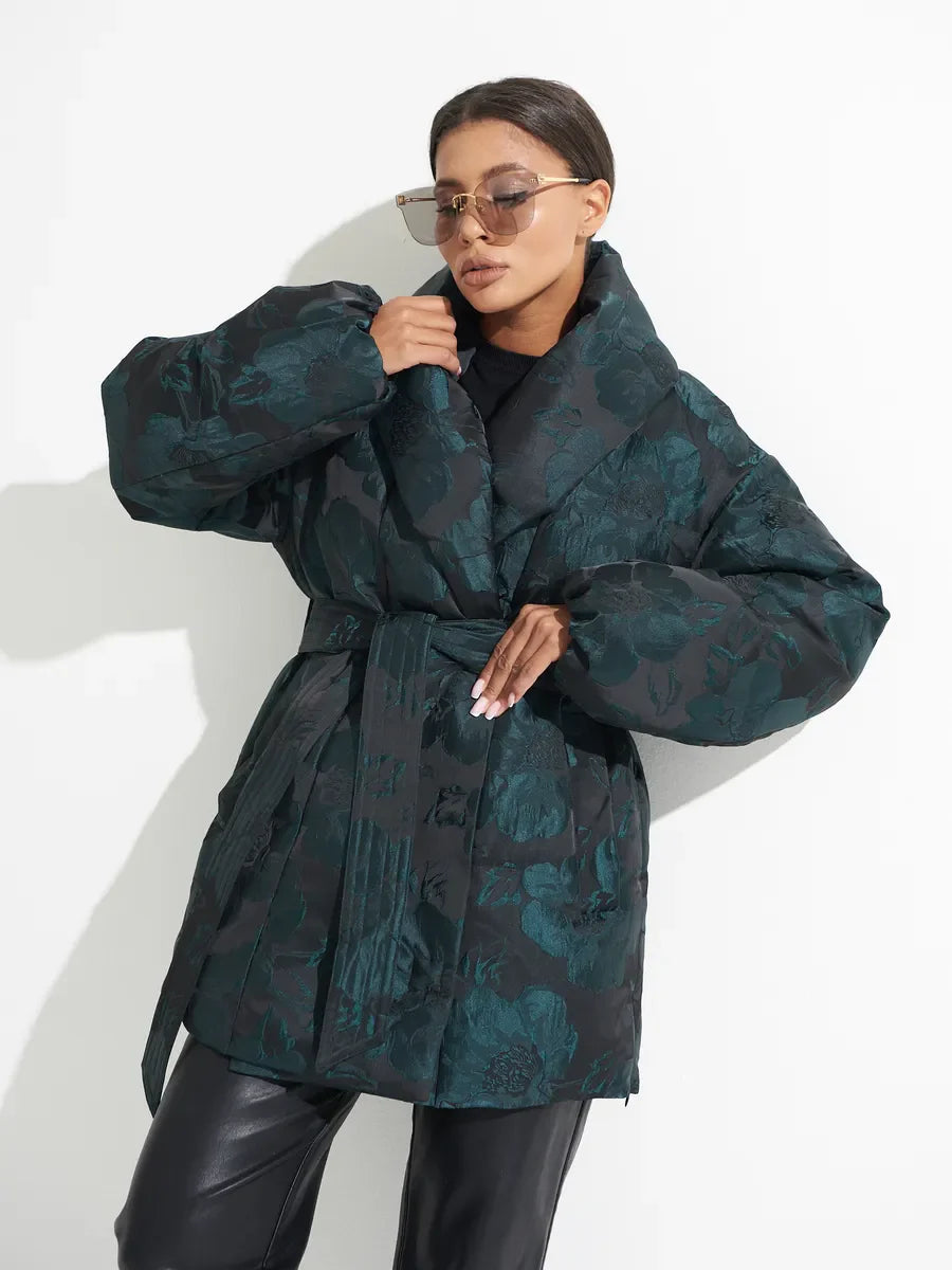 Monochrome Jacquard Down Coat in Vintage Emerald