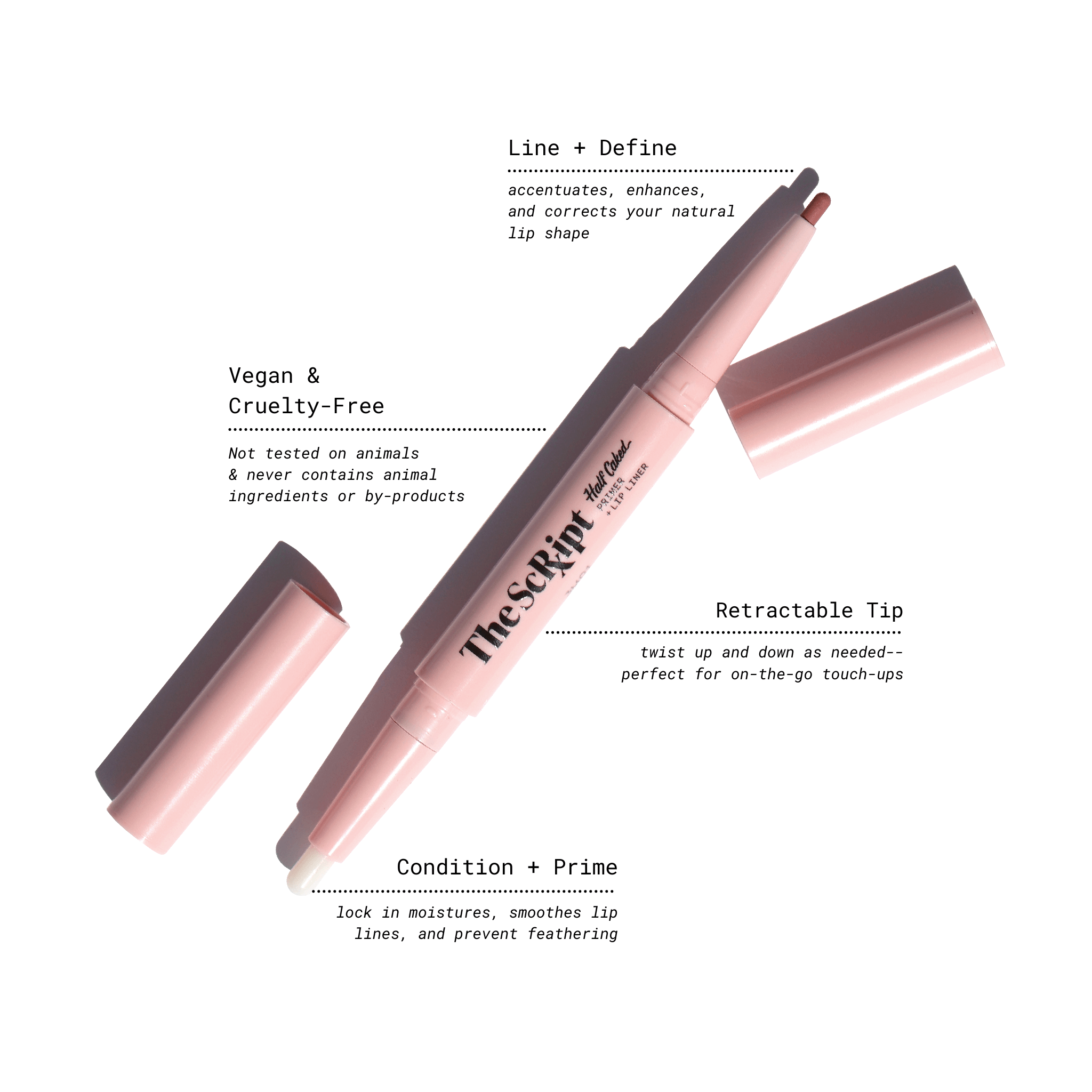 Close-up of The Script Primer + Lip Liner, showcasing its sleek design with black text on a pink tube.