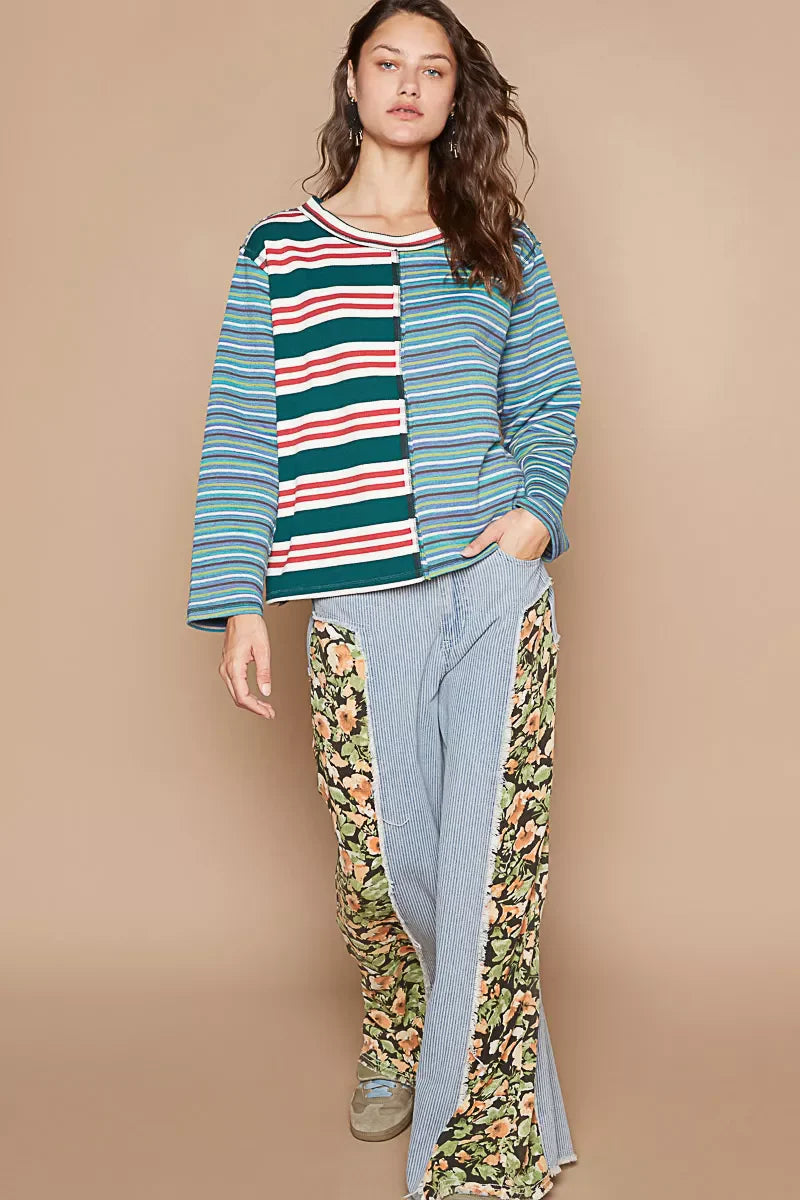 POL Color Block Striped Round Neck Long Sleeve T-Shirt
